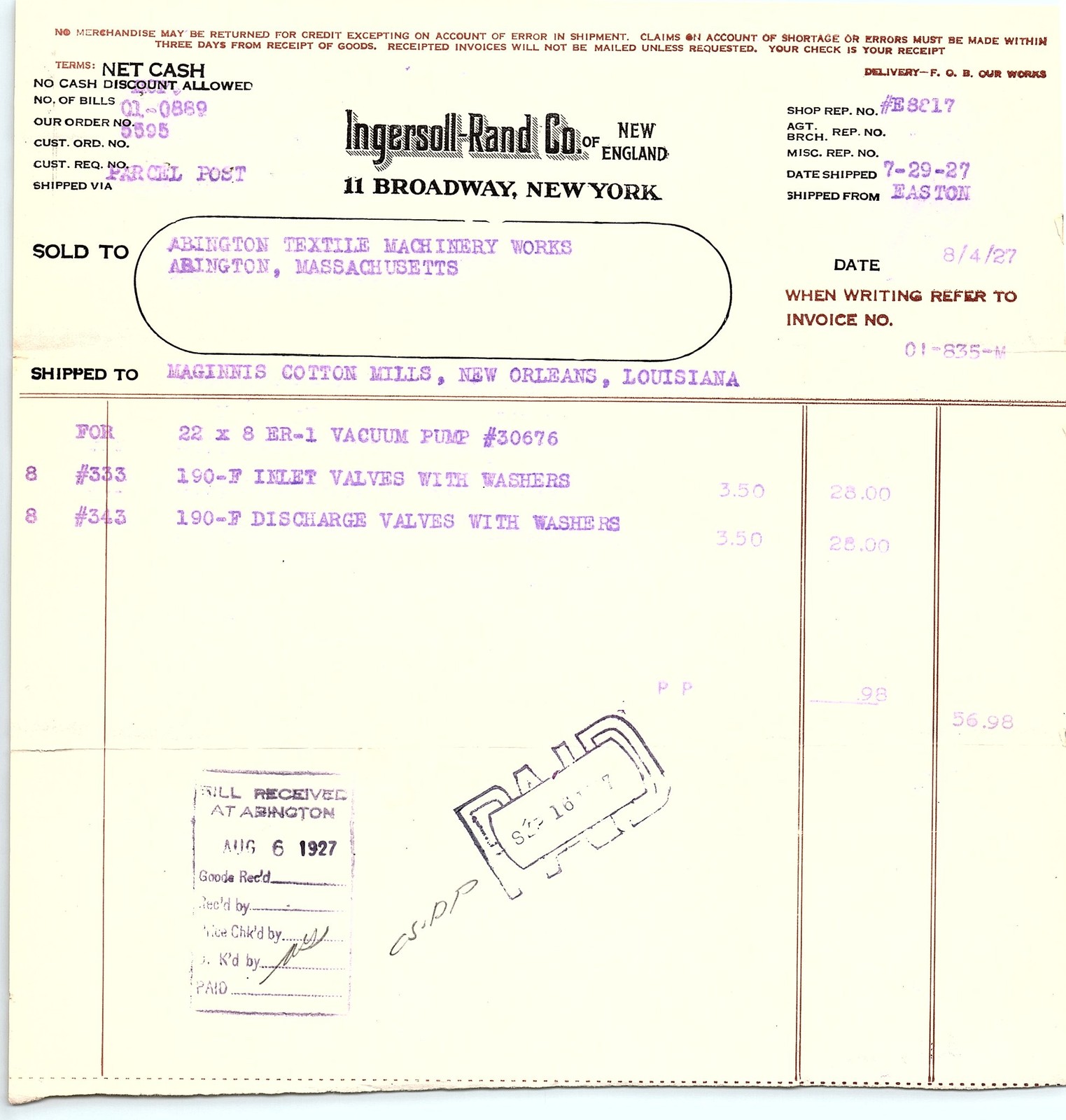 1927 Ingersoll-Rand billhead for vacuum pump parts