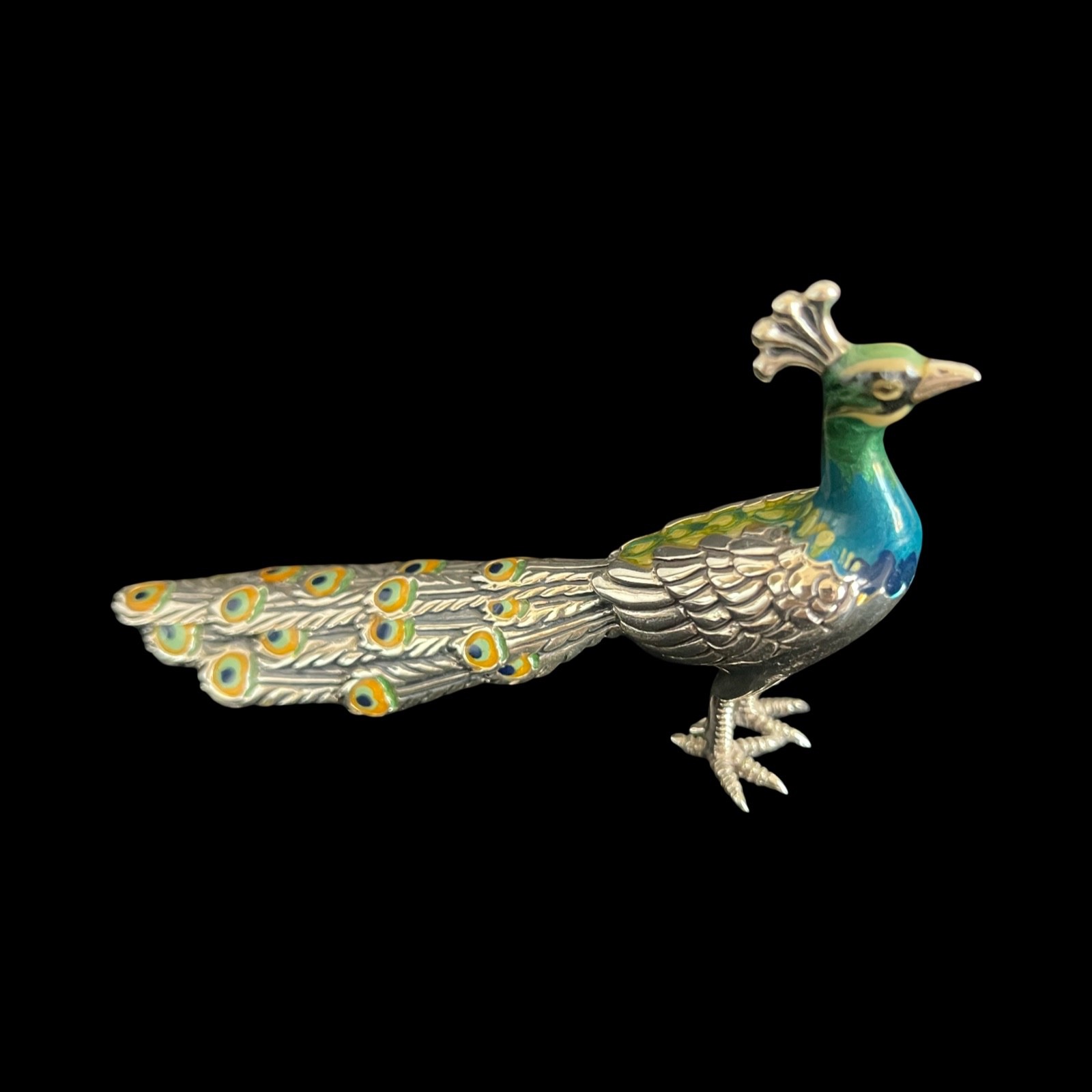 Saturno 925 Sterling Silver & Enamel Peacock Figurine All Hallmarks