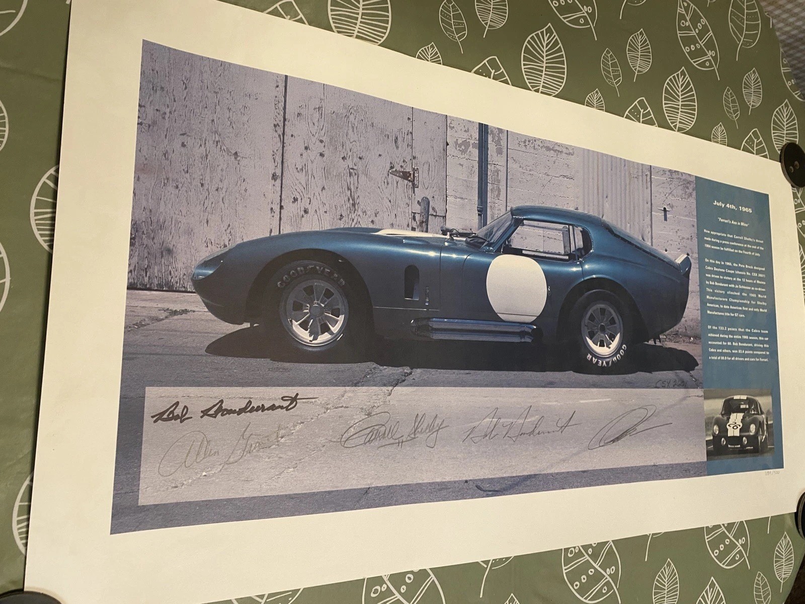 CARROLL SHELBY SIGNED Daytona Cobra Coupe Championship Poster, LIMITED EDITION CARROLL SHELBY SIGNED Daytona Cobra Coupe Championship Poster, LIMITED EDITION