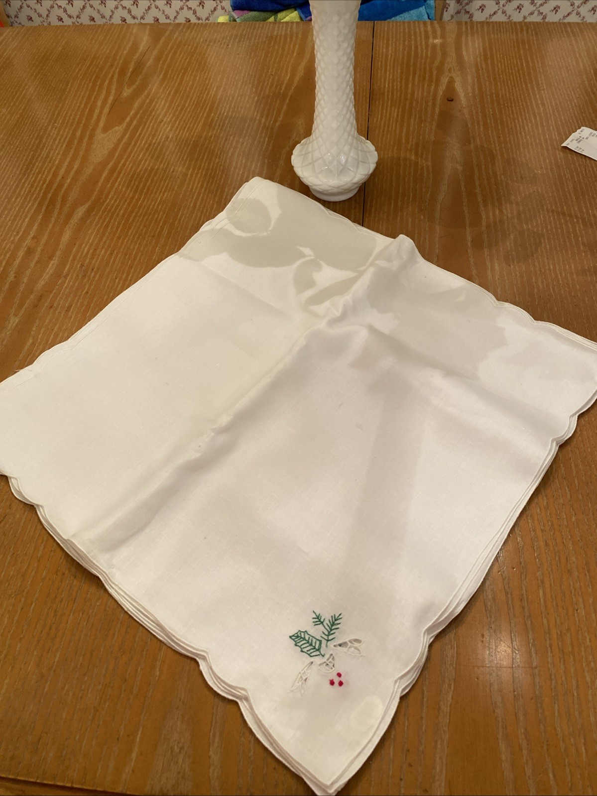 12pc Hand Made Embroidered Battenburg  Holly Christmas Napkins NWT VTG