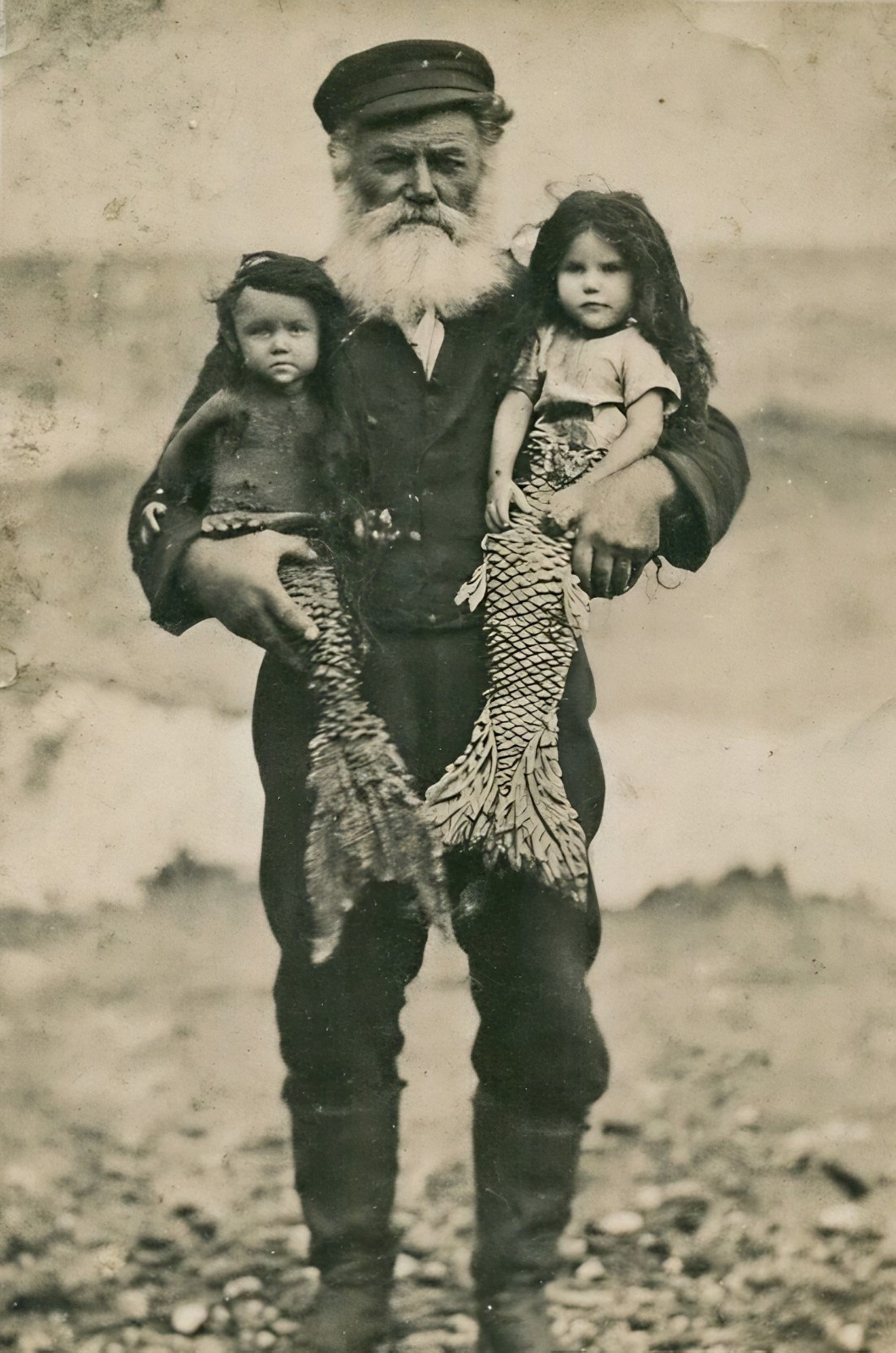 FISHERMAN with two MERMAID Babies Water Baby - Postcard Reprint