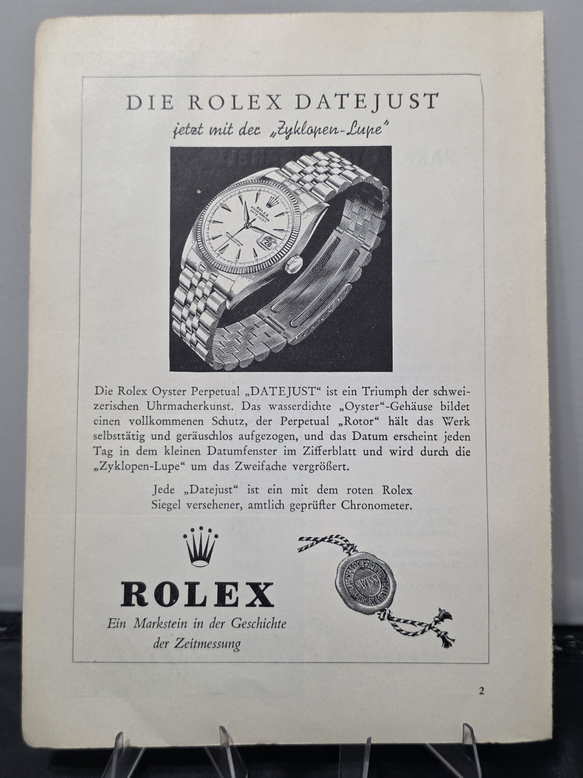 Rare German 1956 print advertisement Rolex Oyster Perpetual Datejust Cyclops Rare German 1956 print advertisement Rolex Oyster Perpetual Datejust Cyclops