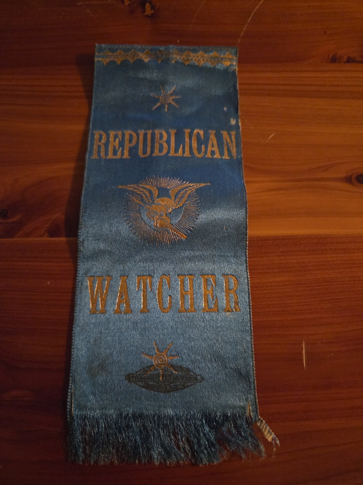 19th Century Republican Watcher Fabric Election Ribbon Pin 19th Century Republican Watcher Fabric Election Ribbon Pin