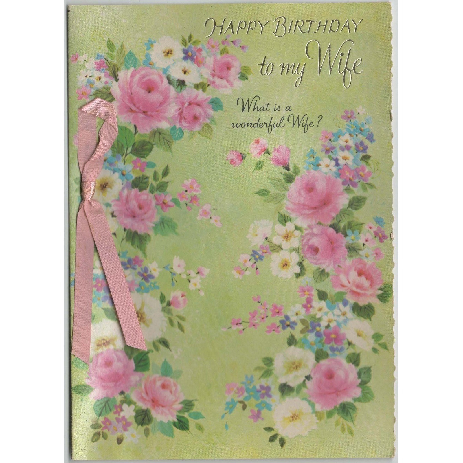 Vintage 1950s-60s Norcross Birthday Card Wife Pink Roses Ribbon Signed