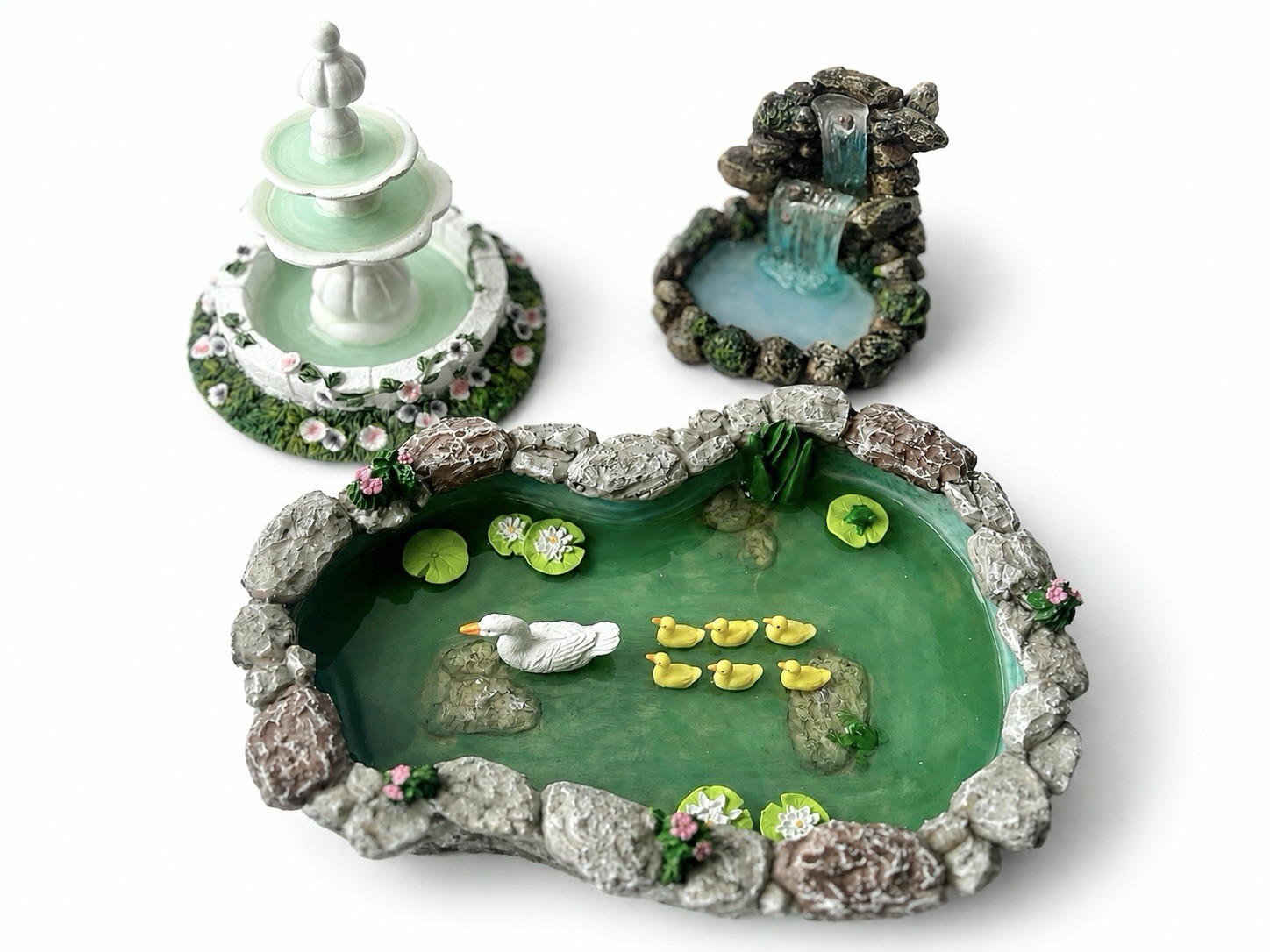 Fairy Garden Lot: Duck Pond, Ashland Fountain & Waterfall, Realistic Miniatures 