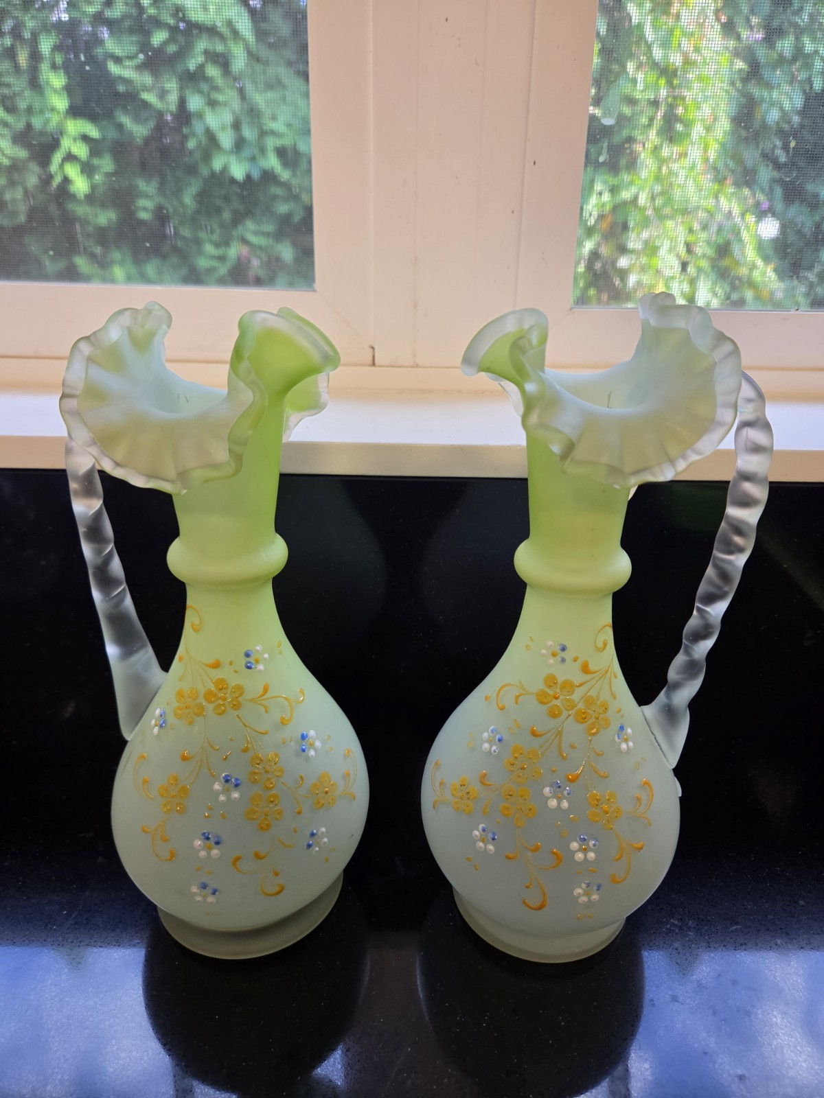 Pair Antique Victorian Green Satin Glass Ewers Hand Painted Enamel Vases 1890s Pair Antique Victorian Green Satin Glass Ewers Hand Painted Enamel Vases 1890s