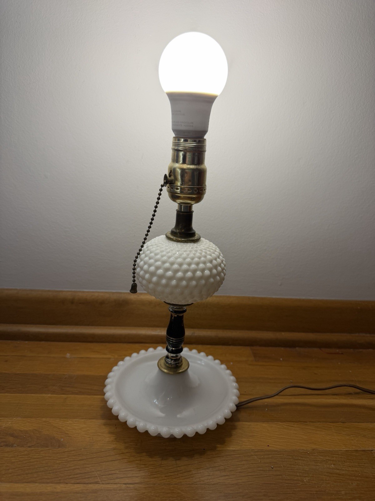 Vintage 1950's White Milk Glass Hobnail Table Lamp Base Curved Like Dish Working