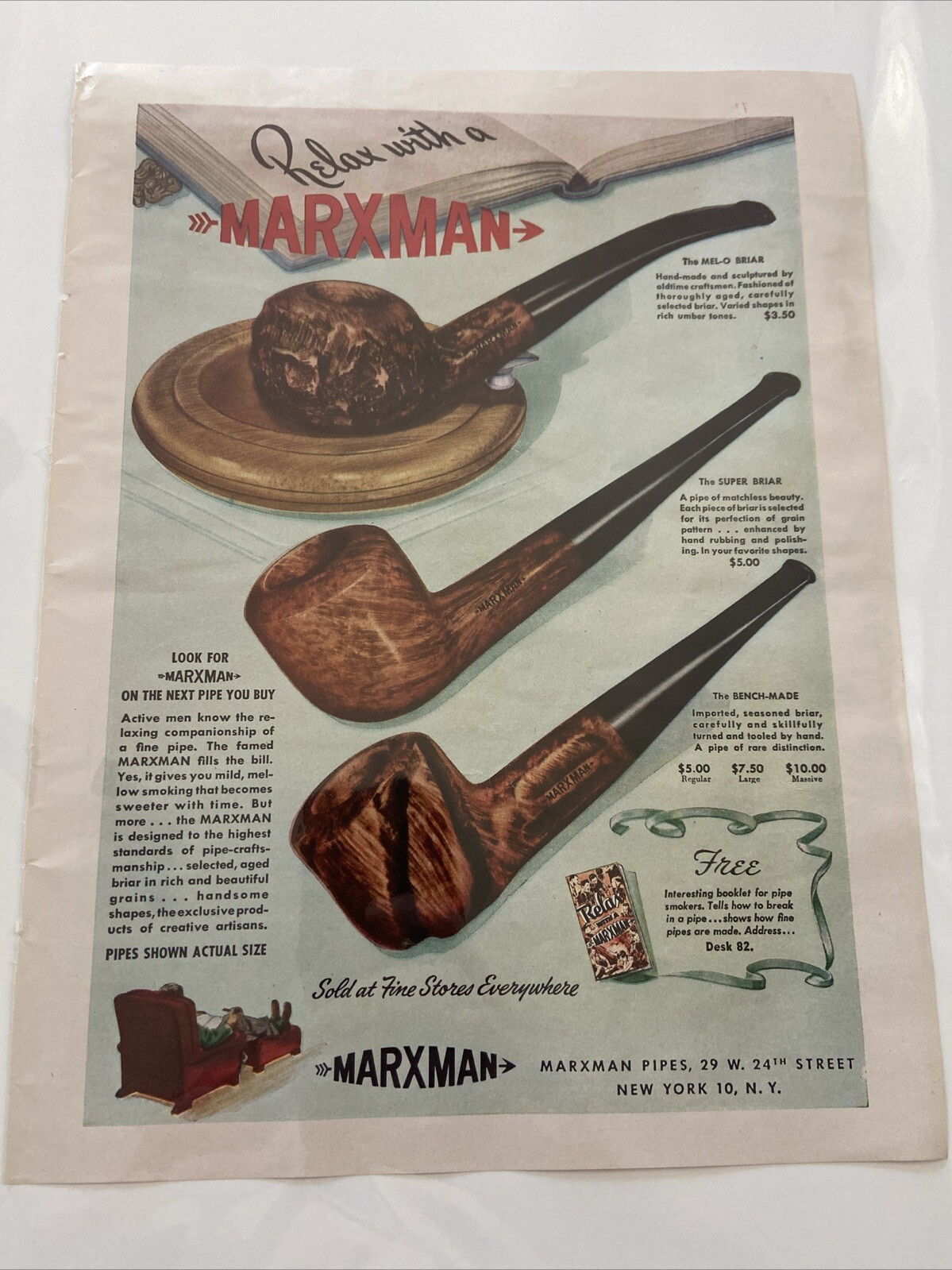 1946 MARXMAN TOBACCO PIPE BENCH BRIAR ASH TRAY NEW YORK SMOKE STORE AD 12080 1946 MARXMAN TOBACCO PIPE BENCH BRIAR ASH TRAY NEW YORK SMOKE STORE AD 12080