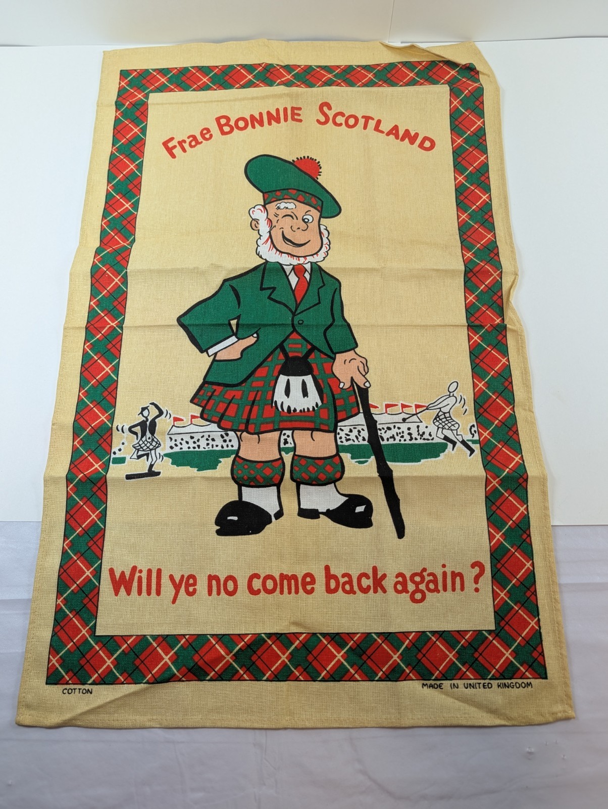 Vintage Scotland Tea Towel Frae Bonnie Scotland Tartan Cotton UK Souvenir