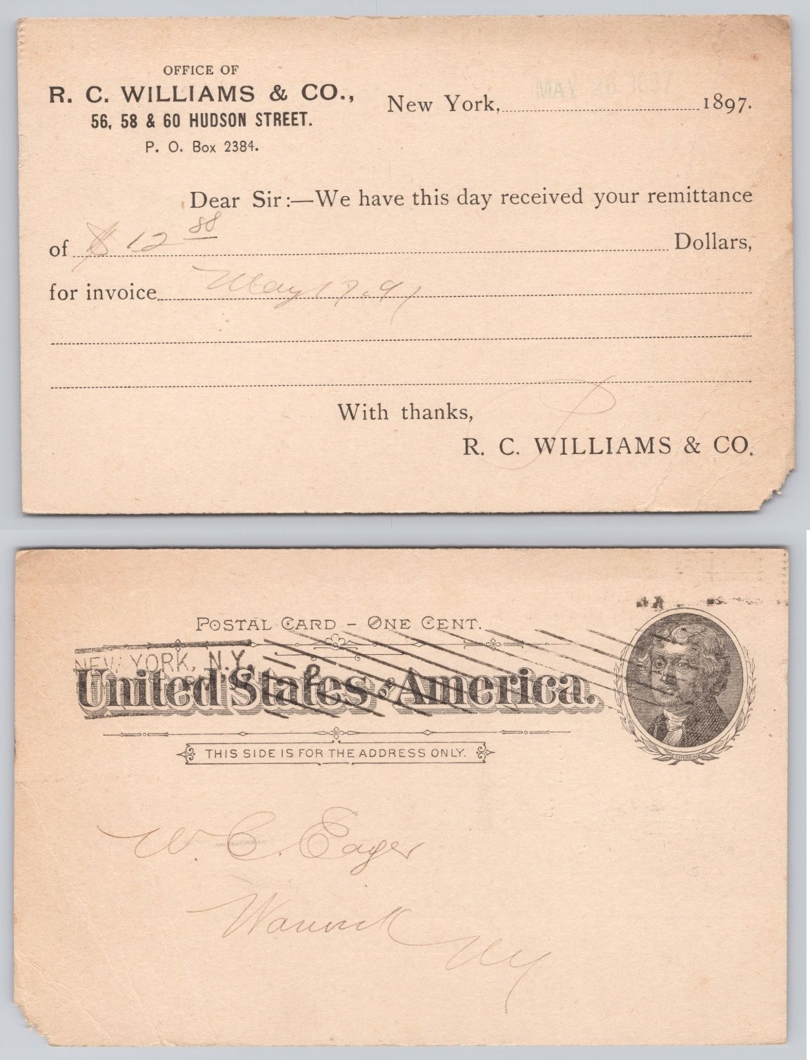 1897 R. C. Williams & Co. New York Postal Card Receipt Warwick NY Postmark