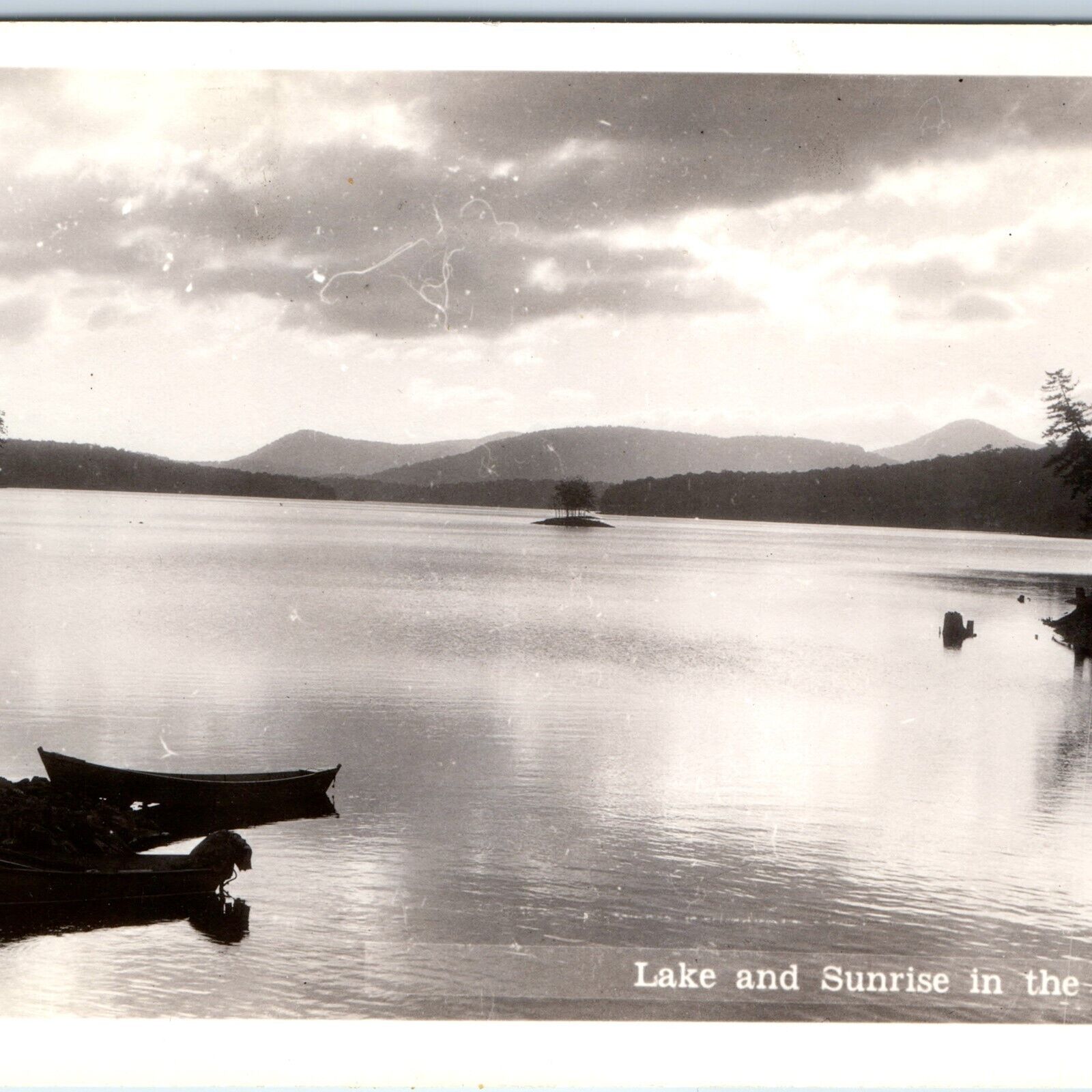c1940s Adirondack Mountains VT Lake & Sunrise Boat RPPC $5 Real Photo Park A120