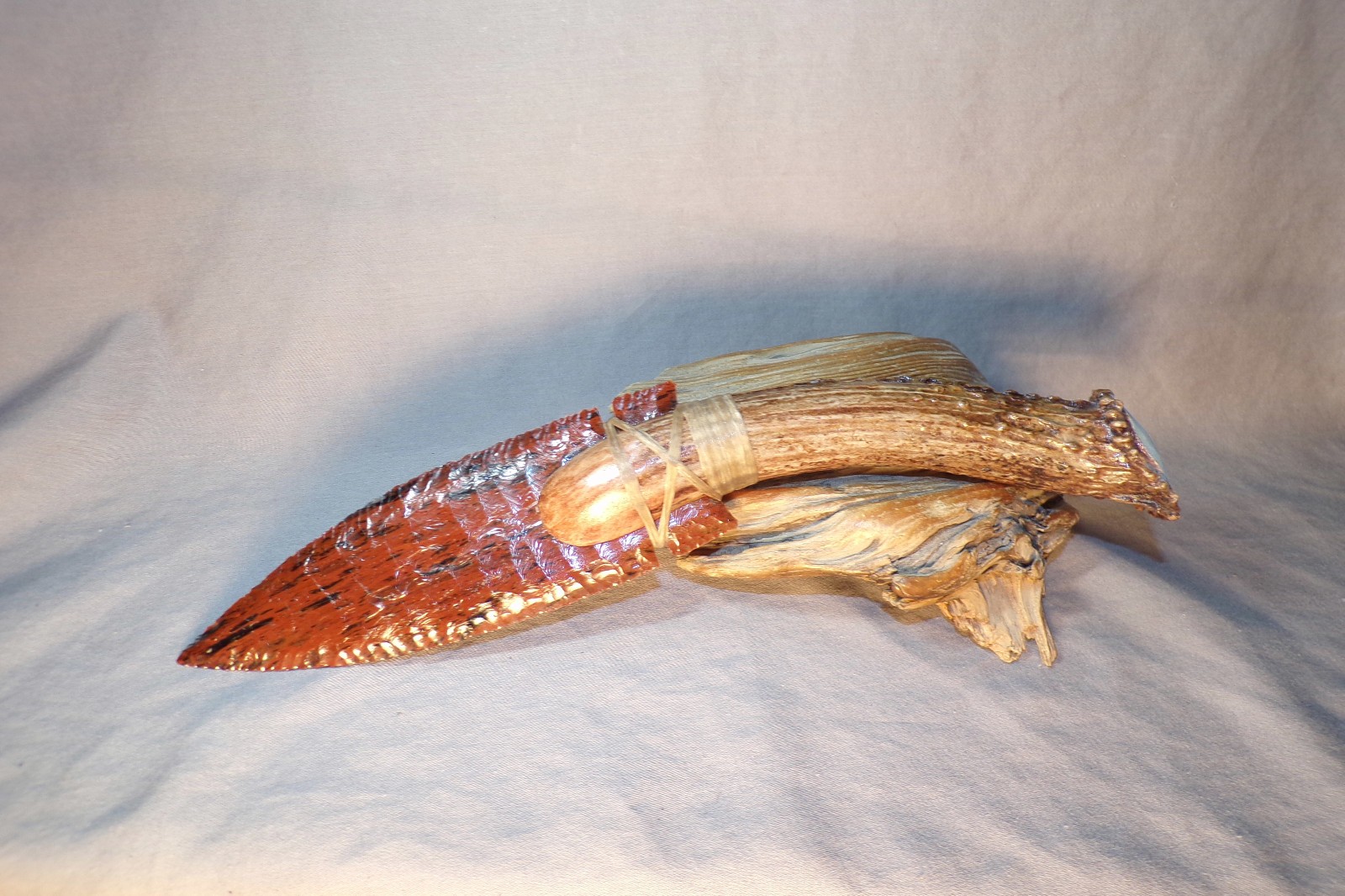Large Mahogany Obsidian Fox Ear Knife Flint Knapping Antler Handle Black Powder