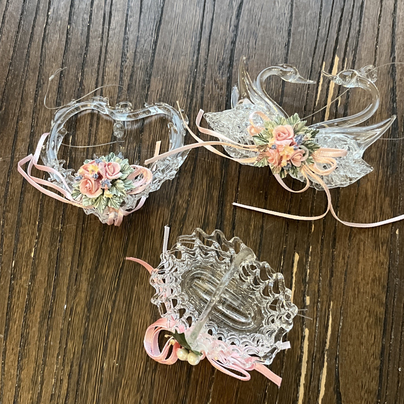 Vtg Silvestri Spun Glass Christmas Ornament Lot Heart Swan Basket Roses Pink Set Vtg Silvestri Spun Glass Christmas Ornament Lot Heart Swan Basket Roses Pink Set