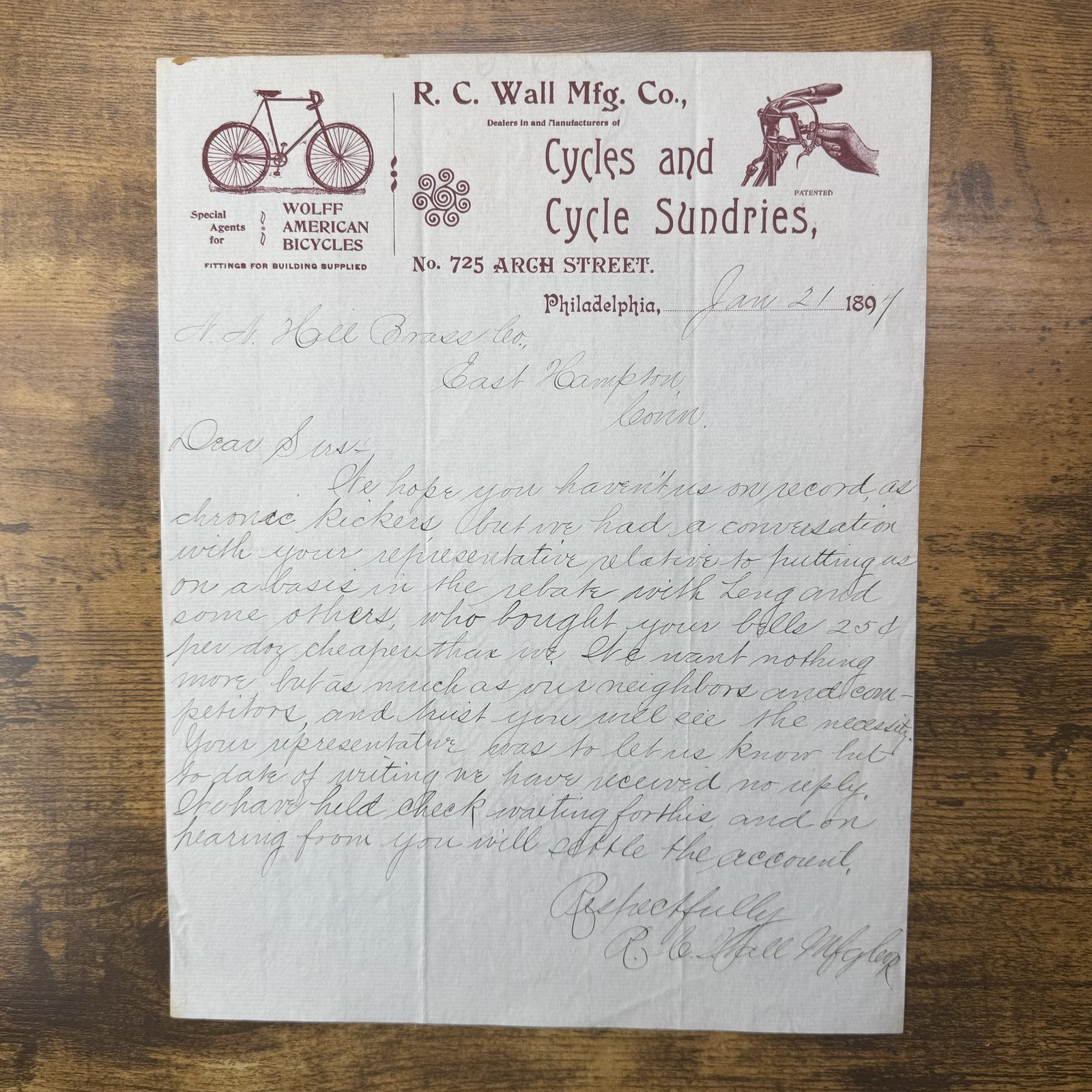1897 R.C. Wall Mfg. Co. Letterhead Philadelphia Wolff American Bicycles 1897 R.C. Wall Mfg. Co. Letterhead Philadelphia Wolff American Bicycles