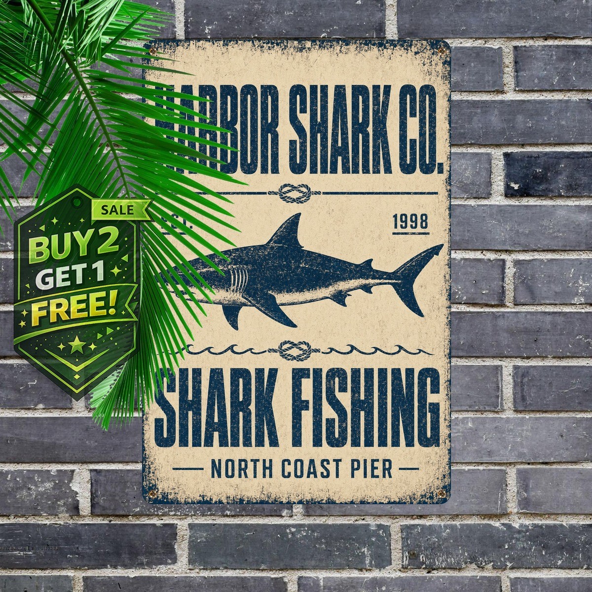 Shark Fishing Vintage Style Bold Headline Metal Tin Sign Man Cave
