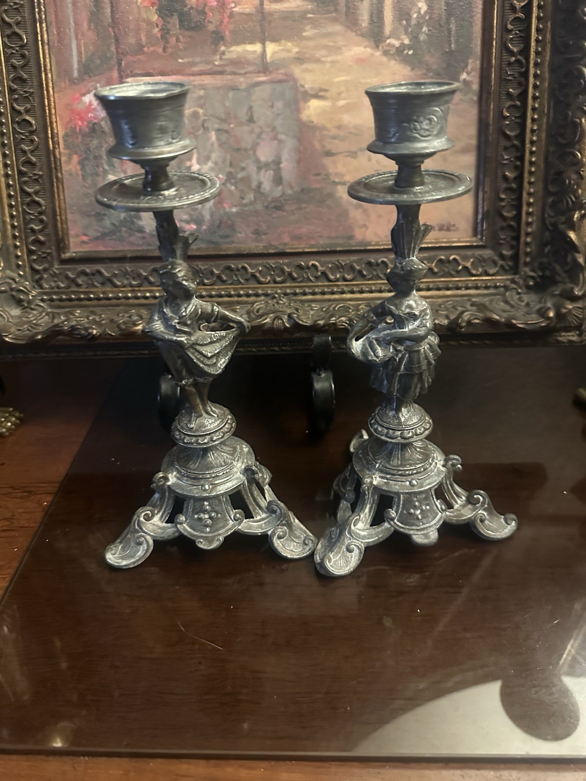 PAIR SILVERED BRONZE FIGURAL NEOCLASSICAL CANDLESTICKS C 1820s FRENCH PAIR SILVERED BRONZE FIGURAL NEOCLASSICAL CANDLESTICKS C 1820s FRENCH