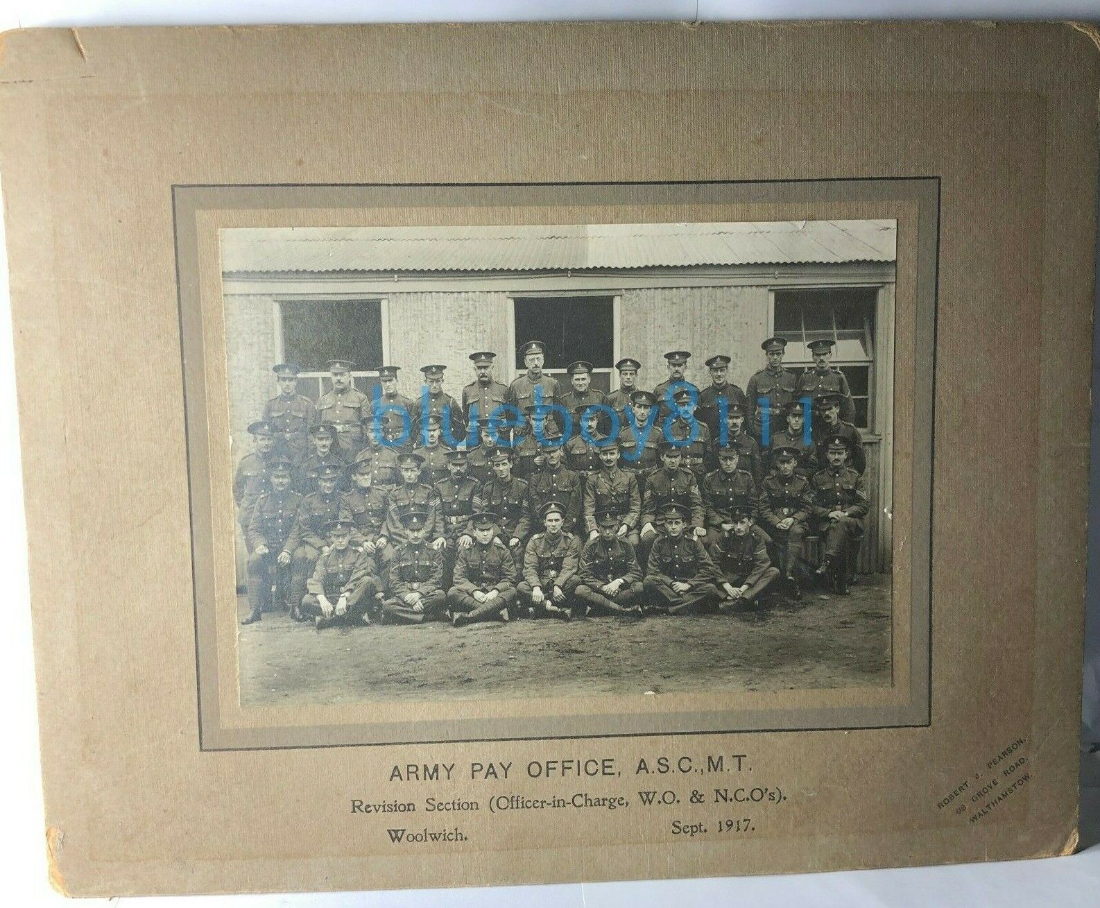 WW1 Army Pay Corps Woolwich Section September 1917  6 x 4.25 inch mounted 