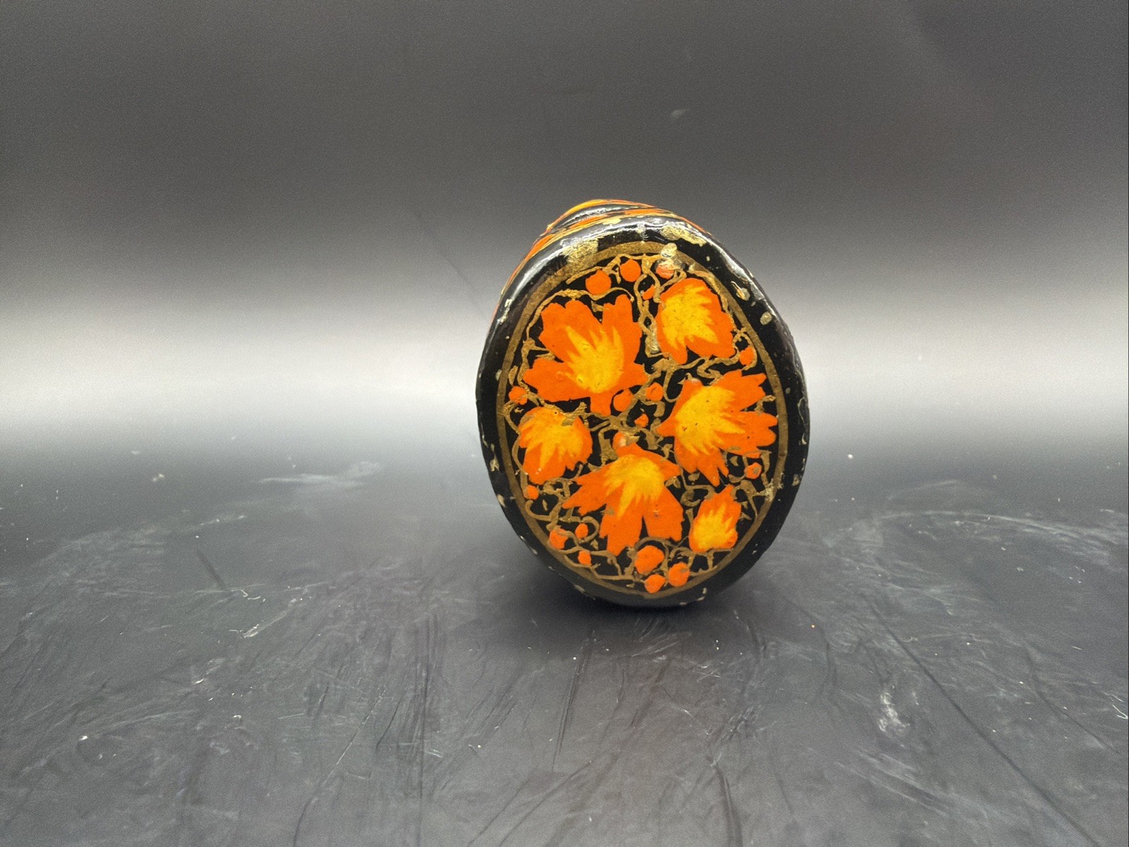VTG Oval Paper Mache Or Wood & Lacquer Trinket Box yellow, And Orange And Black VTG Oval Paper Mache Or Wood & Lacquer Trinket Box yellow, And Orange And Black