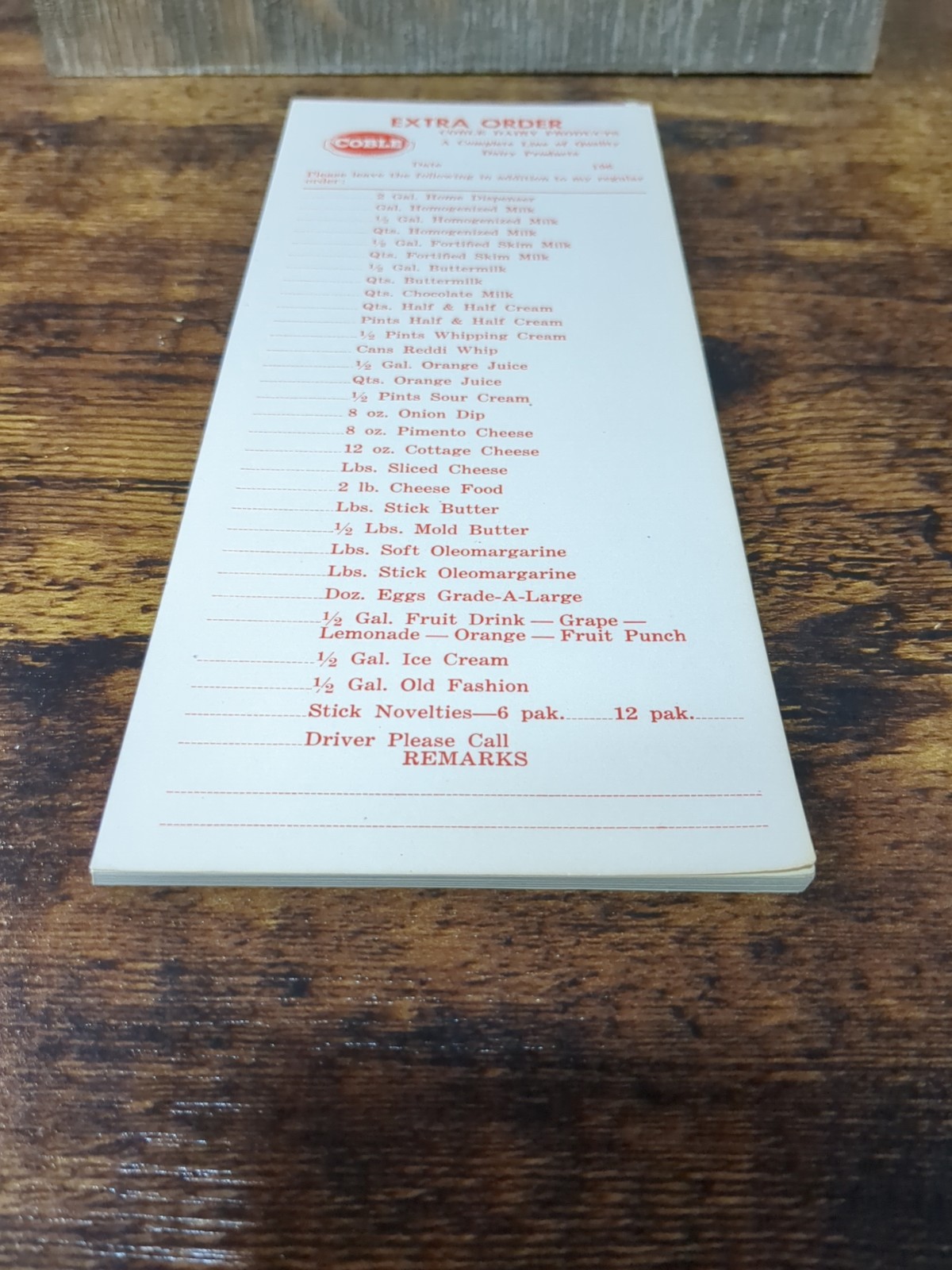Coble Dairy Products Extra Order Form Pad 1960s NOS 30+ Sheets Red Print Driver Coble Dairy Products Extra Order Form Pad 1960s NOS 30+ Sheets Red Print Driver