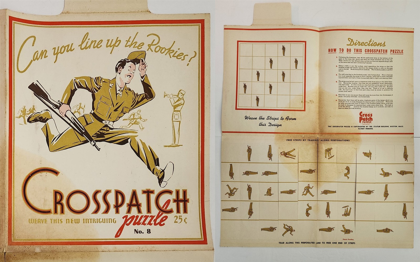 c.1940s vintage WWII soldier CROSSPATCH PUZZLE No. 8 military paper weave toy