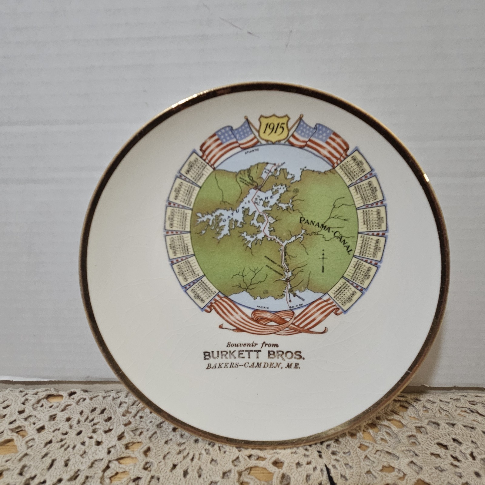 Antique 1915 Panama Canal Calendar Plate Burkett Bros Camden Maine Advertising