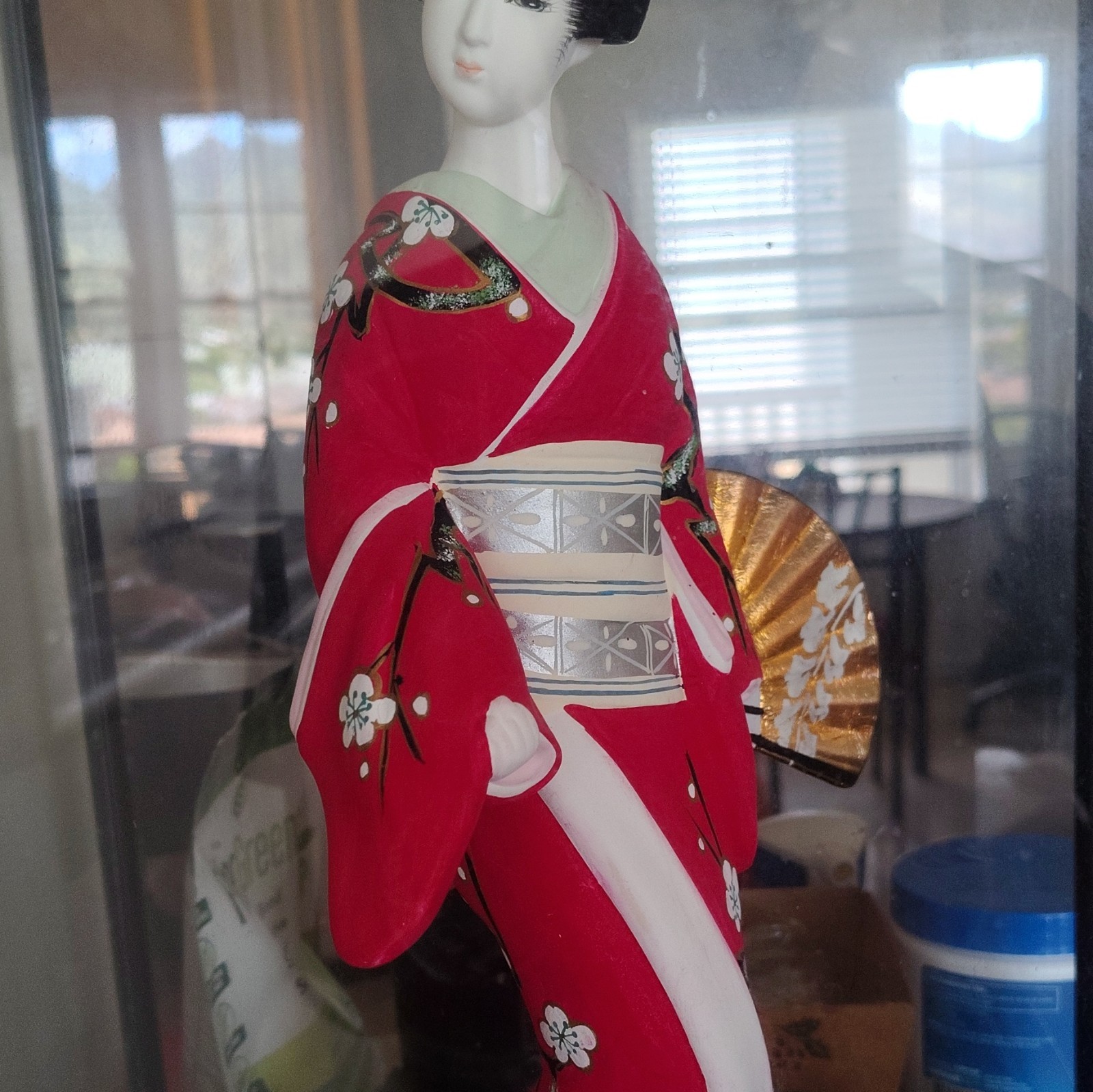 Japanese Hakata Ningyo with Glass Case Red & White Floral Kimono Japanese Hakata Ningyo with Glass Case Red & White Floral Kimono