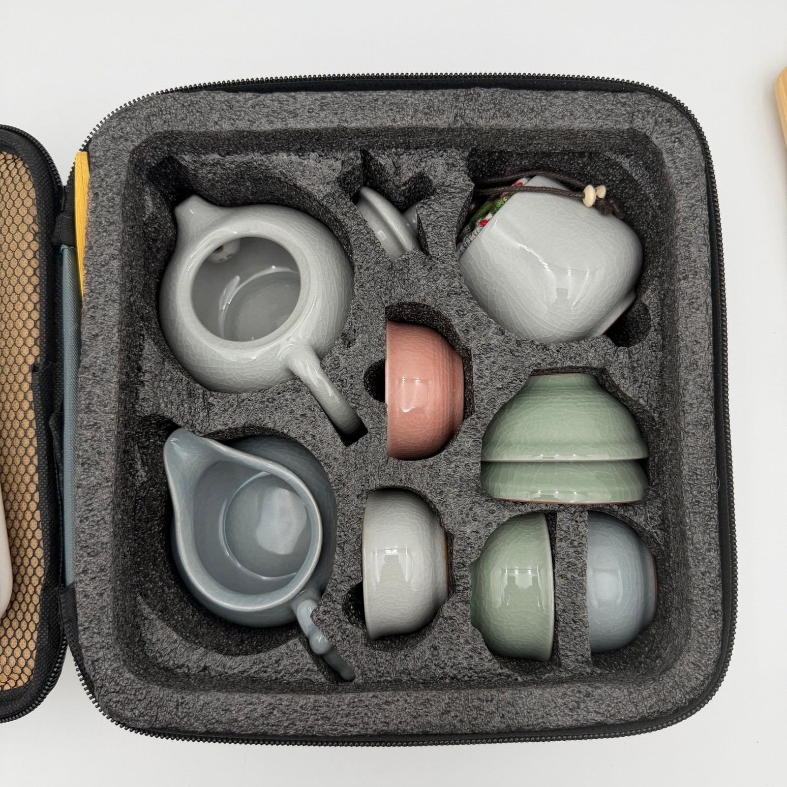 Chateau La Derive Ceramic Travel Tea Set Crackle Glaze Teapot Bamboo Tray Case