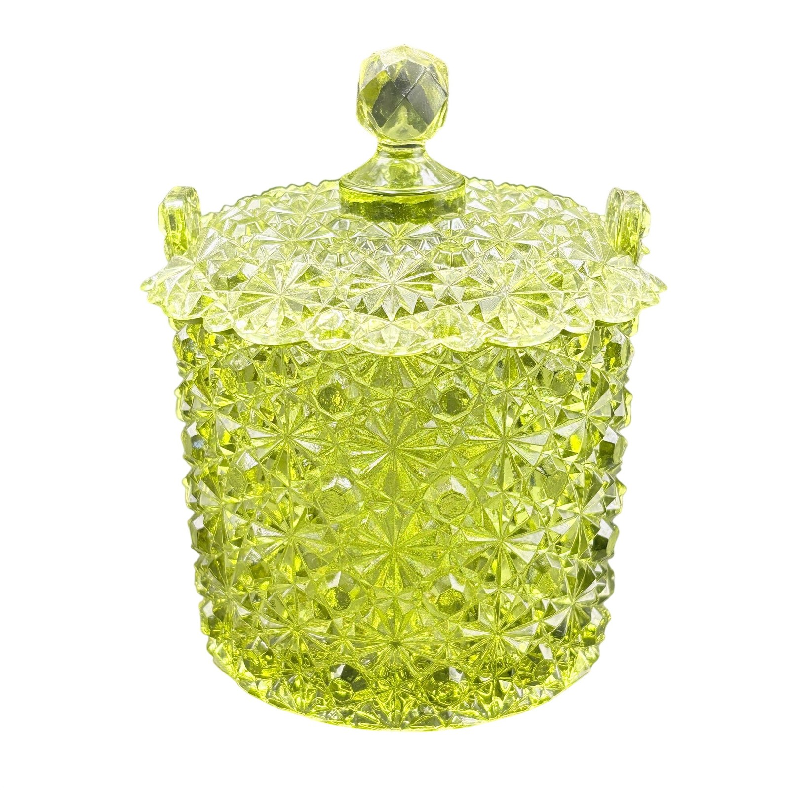 Vintage Fenton Green Daisy & Button Pattern Glass Candy Jar W/ Lid