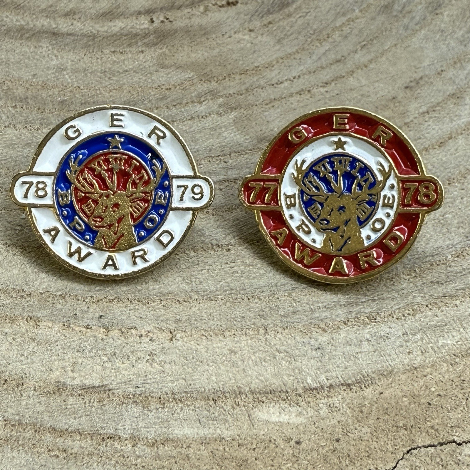 TWO Vintage B.P.O.E. Elks GER Award Pinbacks 77-78 & 78-79 Enamel & Gold Tone