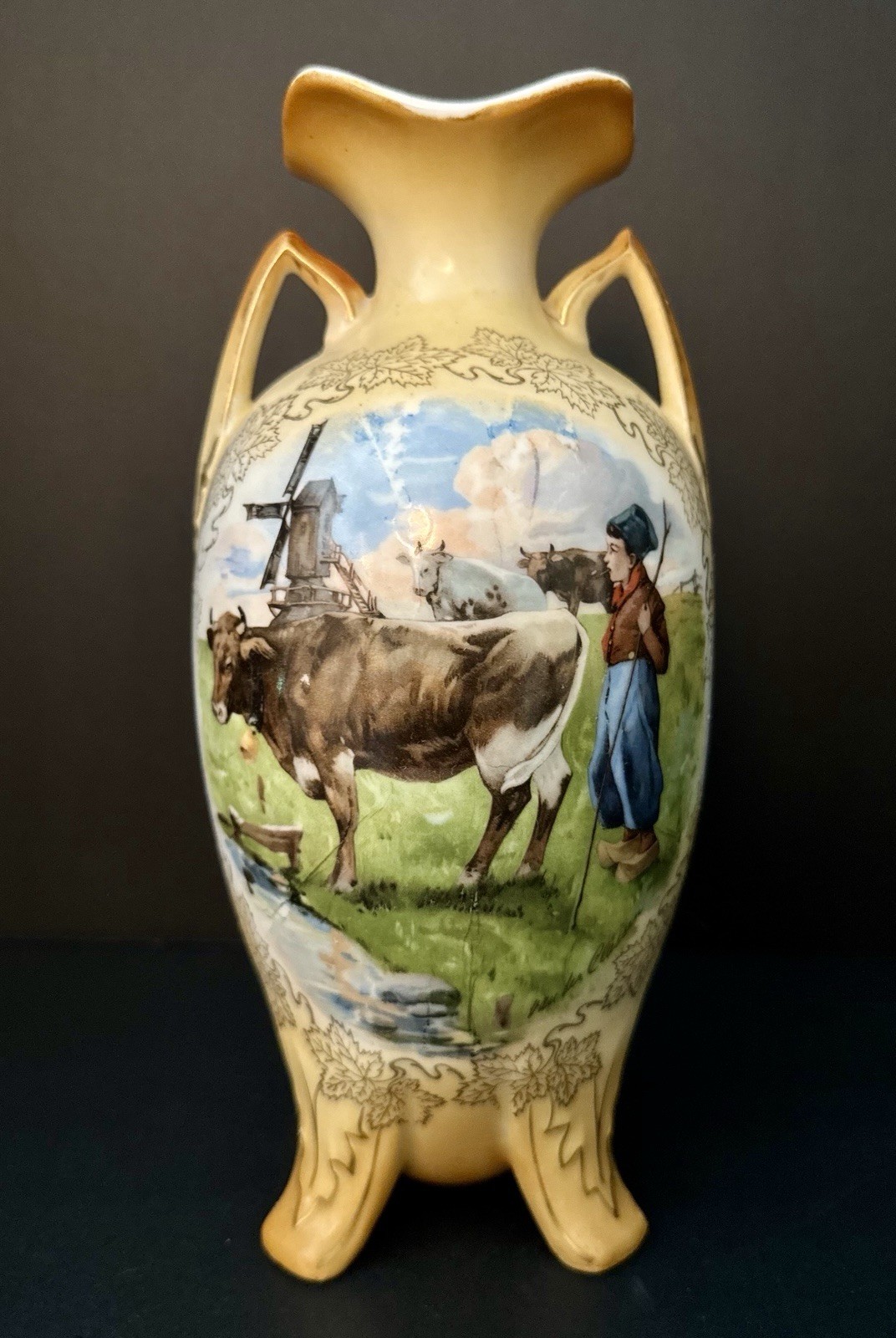 Antique Bavaria Vase Hand Painted Van der Classen Signed Dutch Windmill Cows 9.5