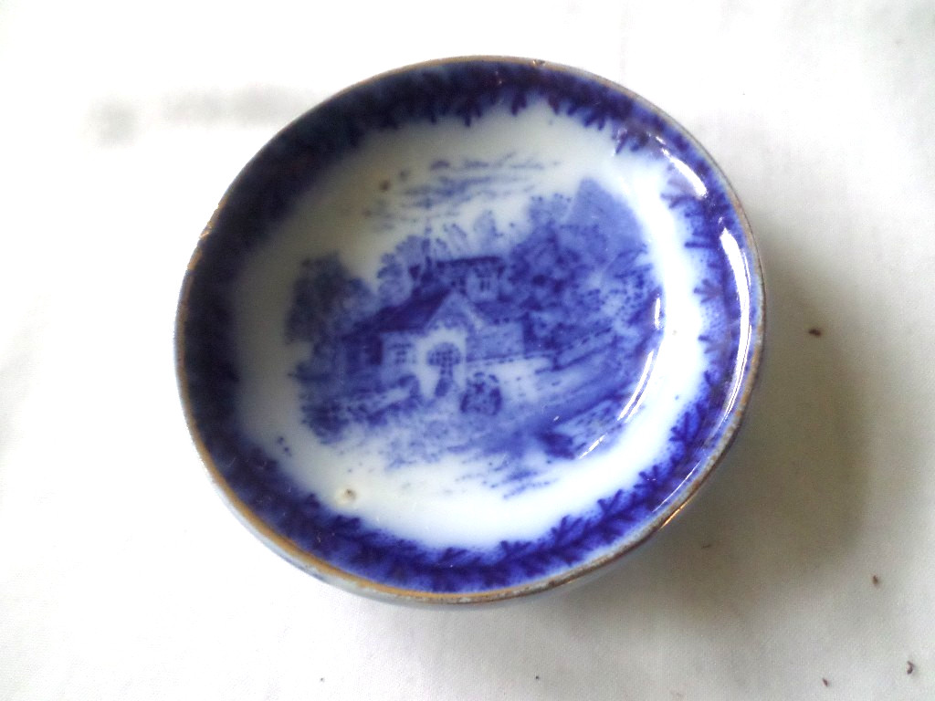 Antique Butter Pat Flow Blue England Country Scene #2 Antique Butter Pat Flow Blue England Country Scene #2