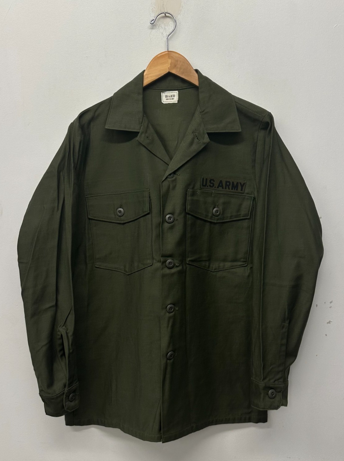 NOS OG-107 Fatigue Shirt, Size 15 1/2 x 33, Dated 1973, US Army, W-55 NOS OG-107 Fatigue Shirt, Size 15 1/2 x 33, Dated 1973, US Army, W-55