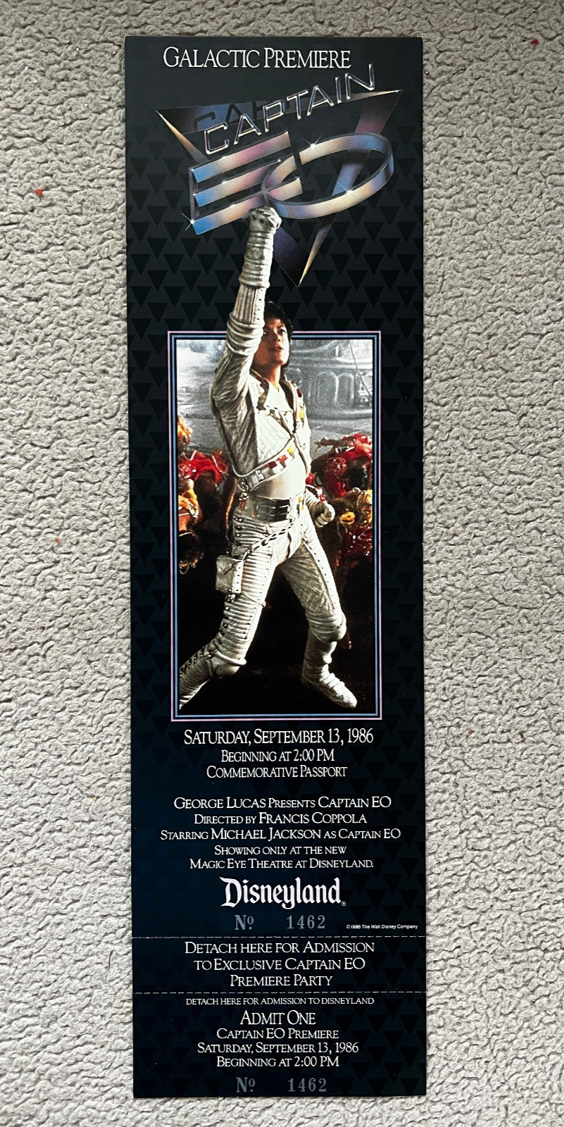 1986 Disneyland Michael Jackson Captain EO Galactic Premiere Unused Ticket. RARE 1986 Disneyland Michael Jackson Captain EO Galactic Premiere Unused Ticket. RARE