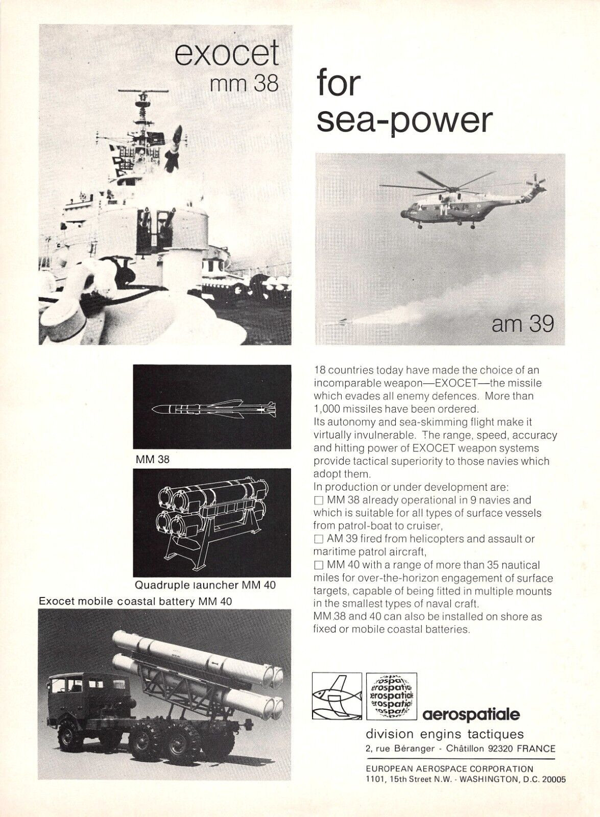 Exocet MM 38 Evades All Quadruple Launcher Aerospatiale Vtg Magazine Print Ad