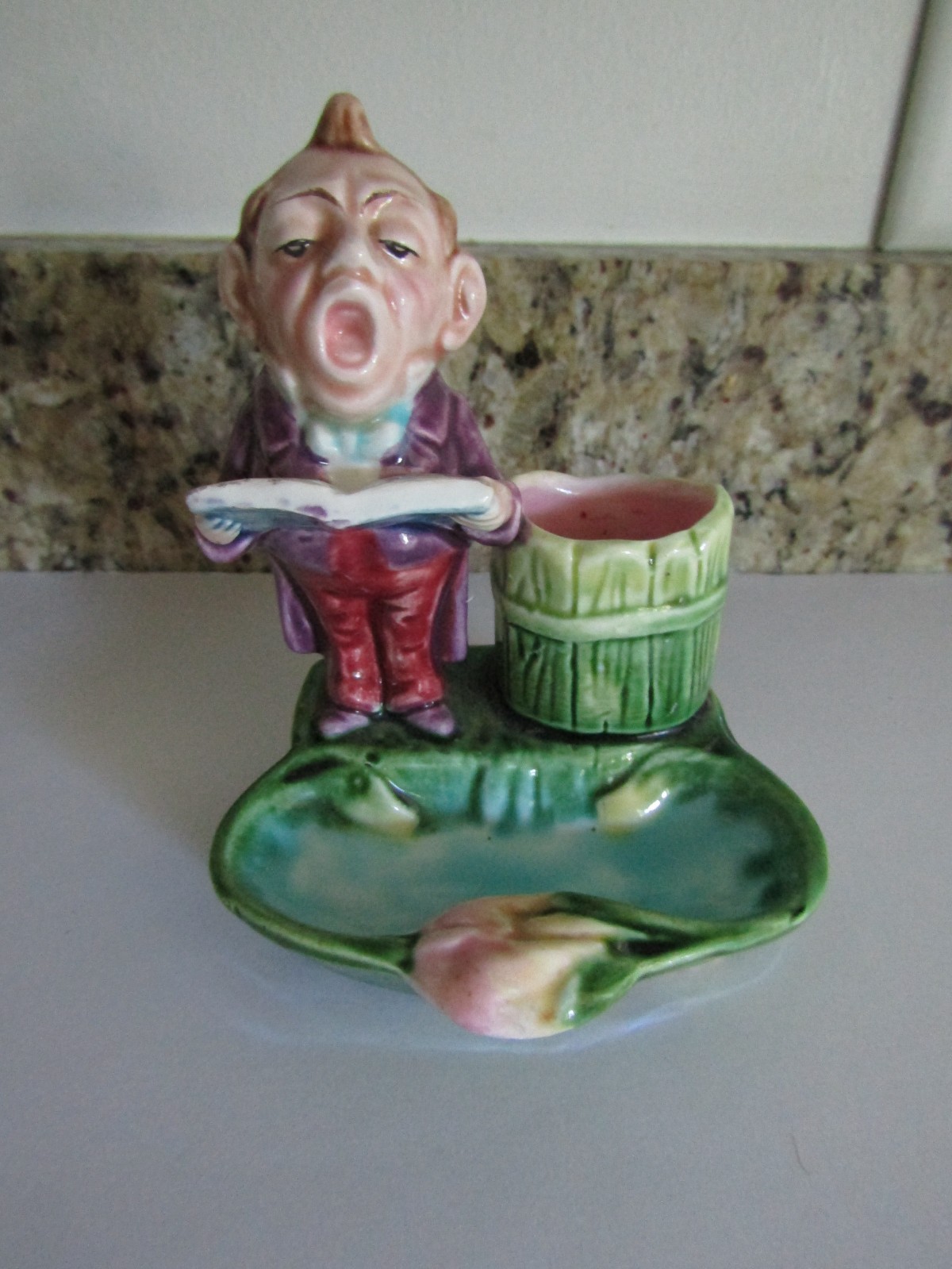 The SINGER Antique Majolica Figural Match Striker / Holder /Ash Tray