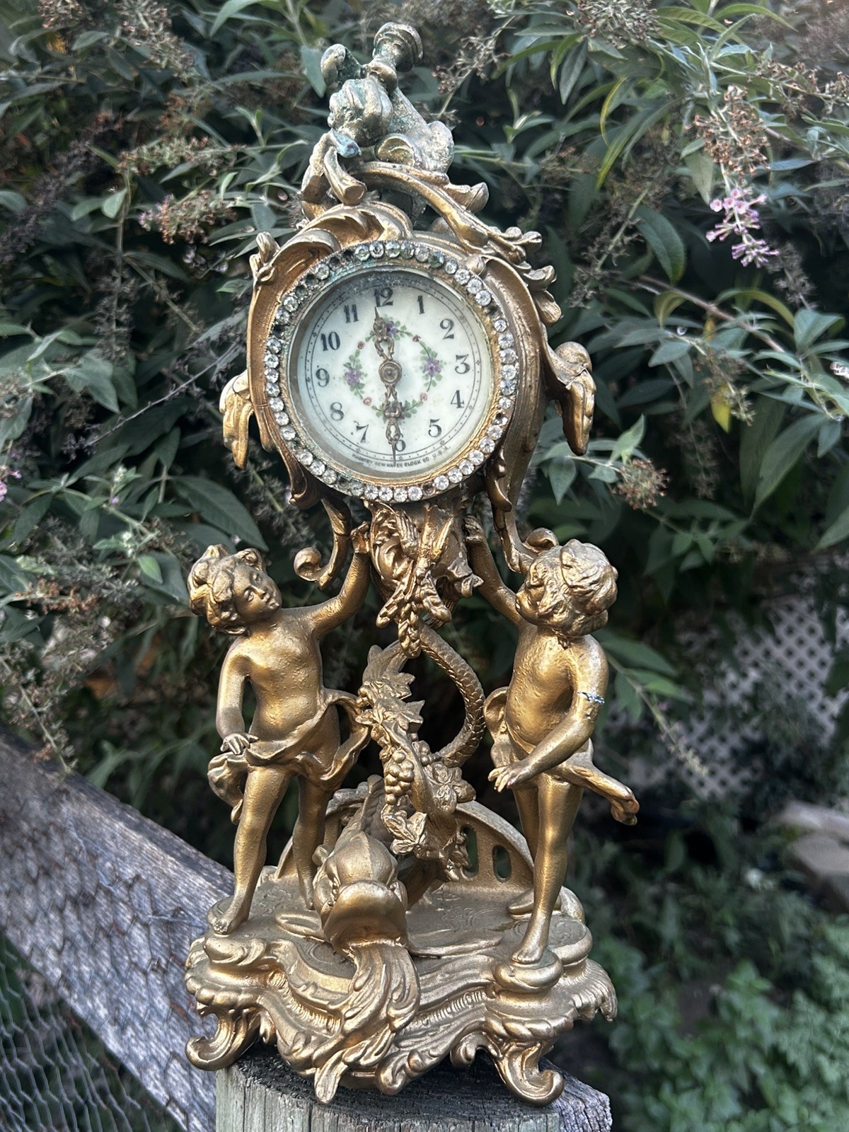 Ornate Antique Rococo New Haven Mantel Clock with Figural Cherubs & Dolphin Old Ornate Antique Rococo New Haven Mantel Clock with Figural Cherubs & Dolphin Old