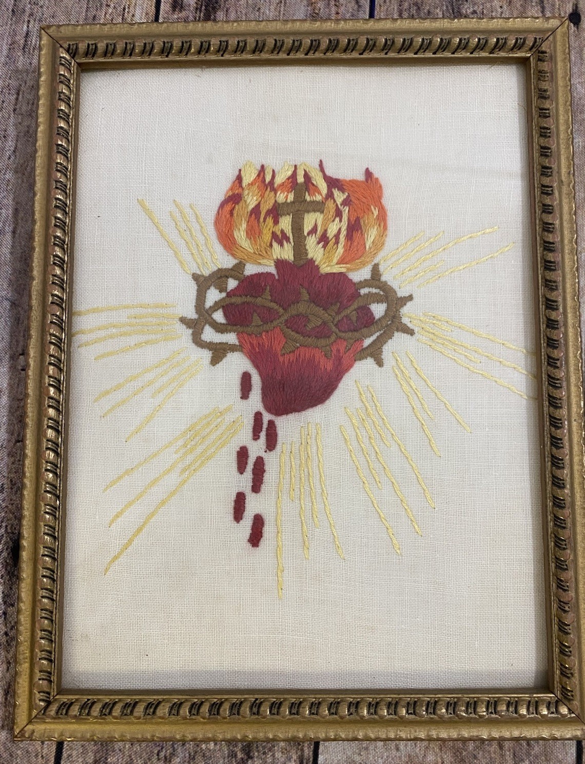Vtg Hand Embroidered Sacred Heart 6x9 Framed Antique Religious Embroidery