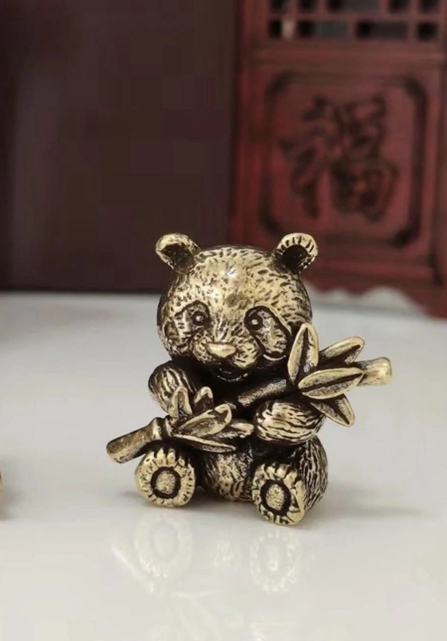 Panda Bear Figurine: Solid Brass, Miniature, Antique Finish, Intricate Detail