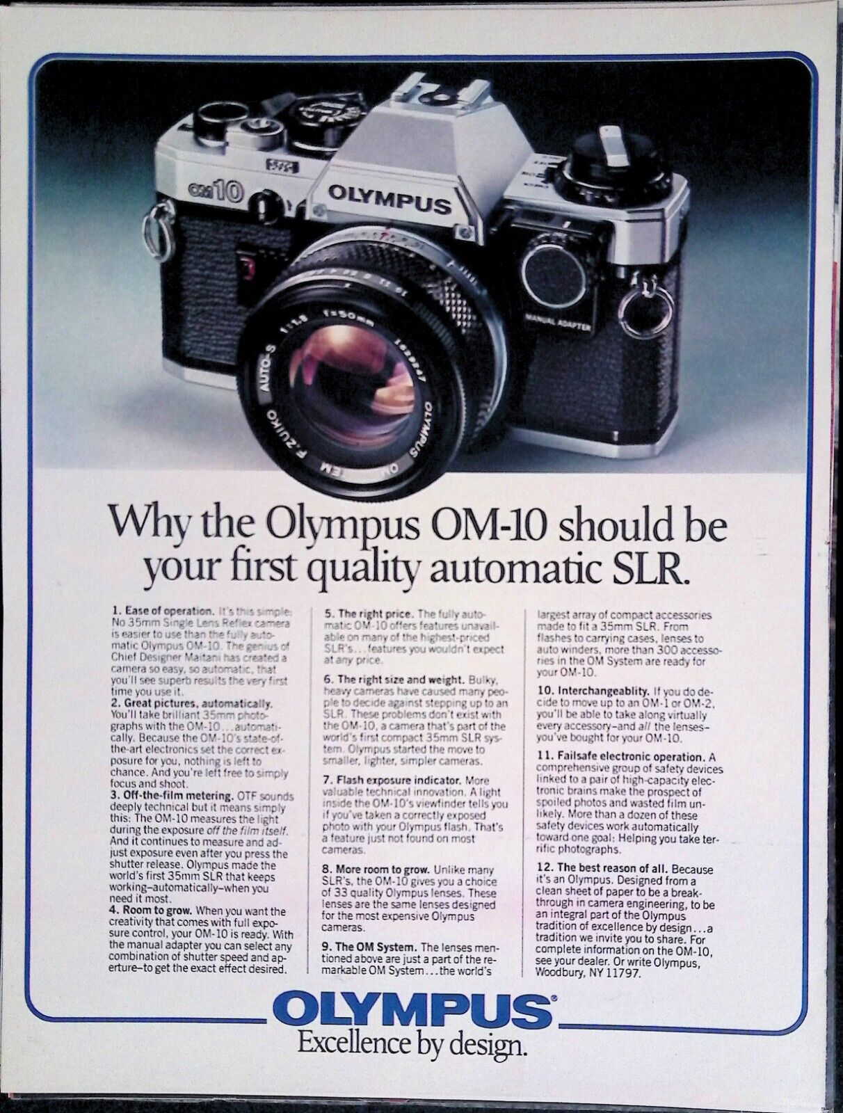 Olympus Om 10 Slr Camer Ad 1980S Ad Vtg Print Ad 13X10