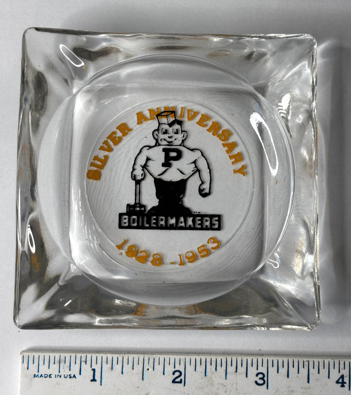 Glass Ashtray Purdue University Boilermakers Silver Anniversary 1928-1953 Vtg Glass Ashtray Purdue University Boilermakers Silver Anniversary 1928-1953 Vtg