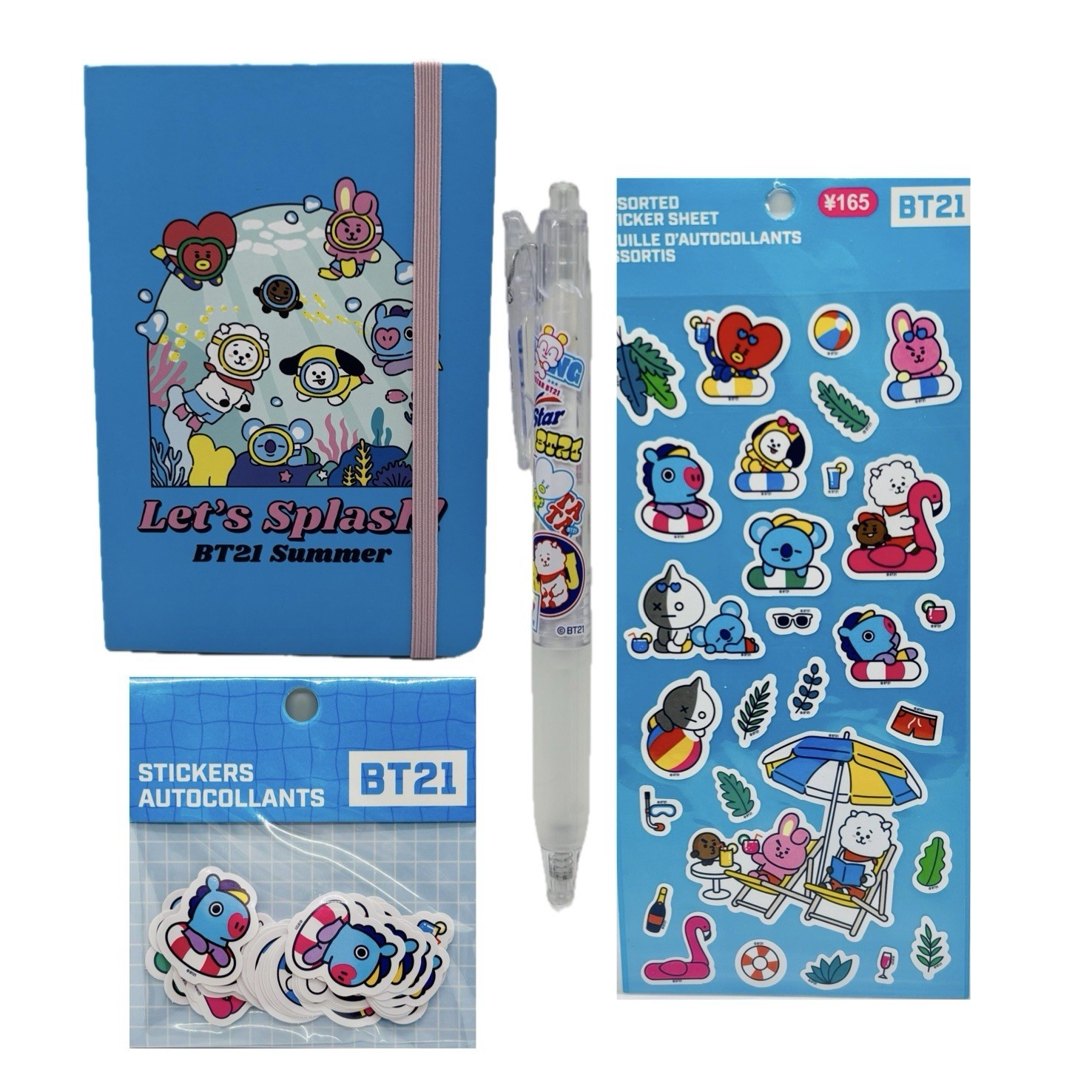 BT21 Let’s Splash Notebook, Bon Voyage Sticker Sheet, Shaped Stickers & Gel Pen