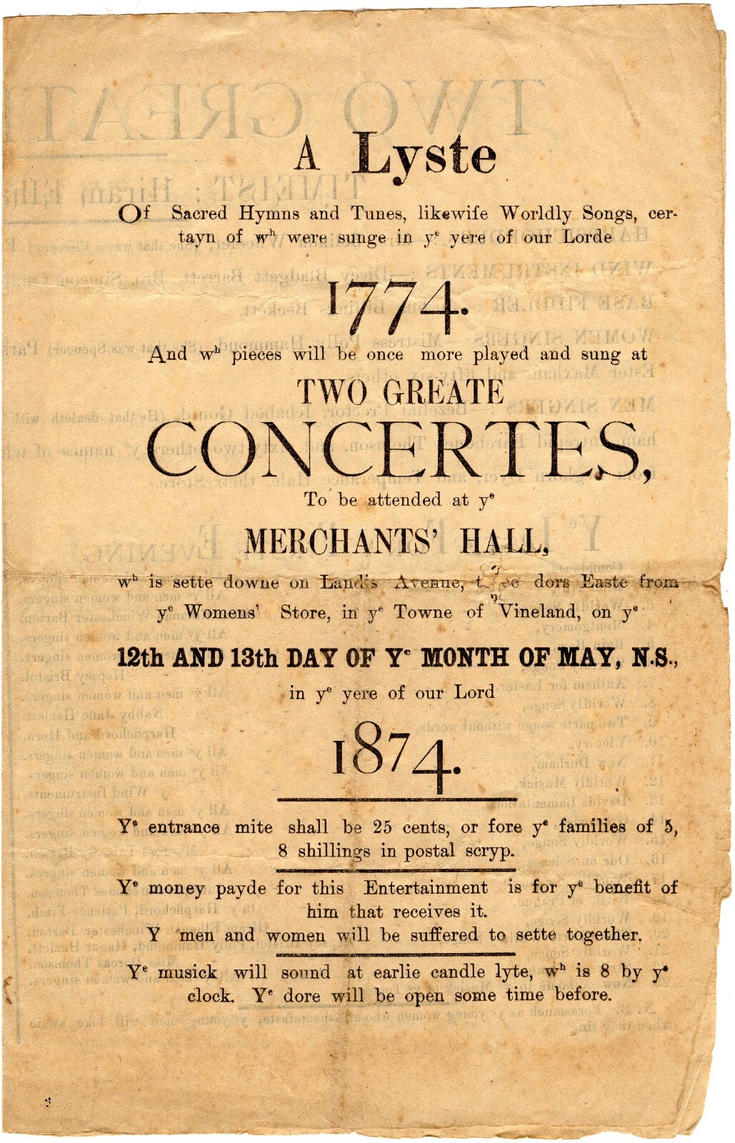 RARE 1874 Vineland, New Jersey Merchants Hall Concert Program *WARNING ALCOHOL* RARE 1874 Vineland, New Jersey Merchants Hall Concert Program *WARNING ALCOHOL*