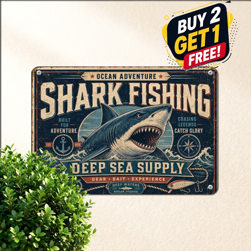 Shark Fishing Island Harbor Metal Sign Retro Coastal Ocean Bar Tin Plaque