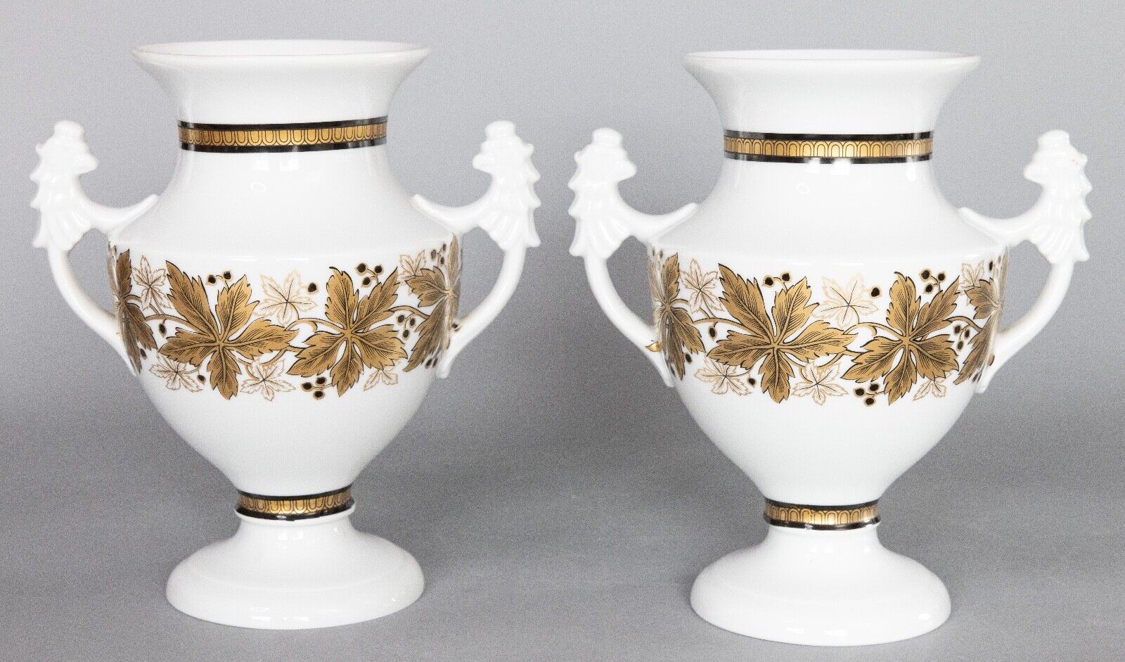 Pair of Vintage Royal Tettau German Porcelain White & Gold Urns Vases c. 1930-50