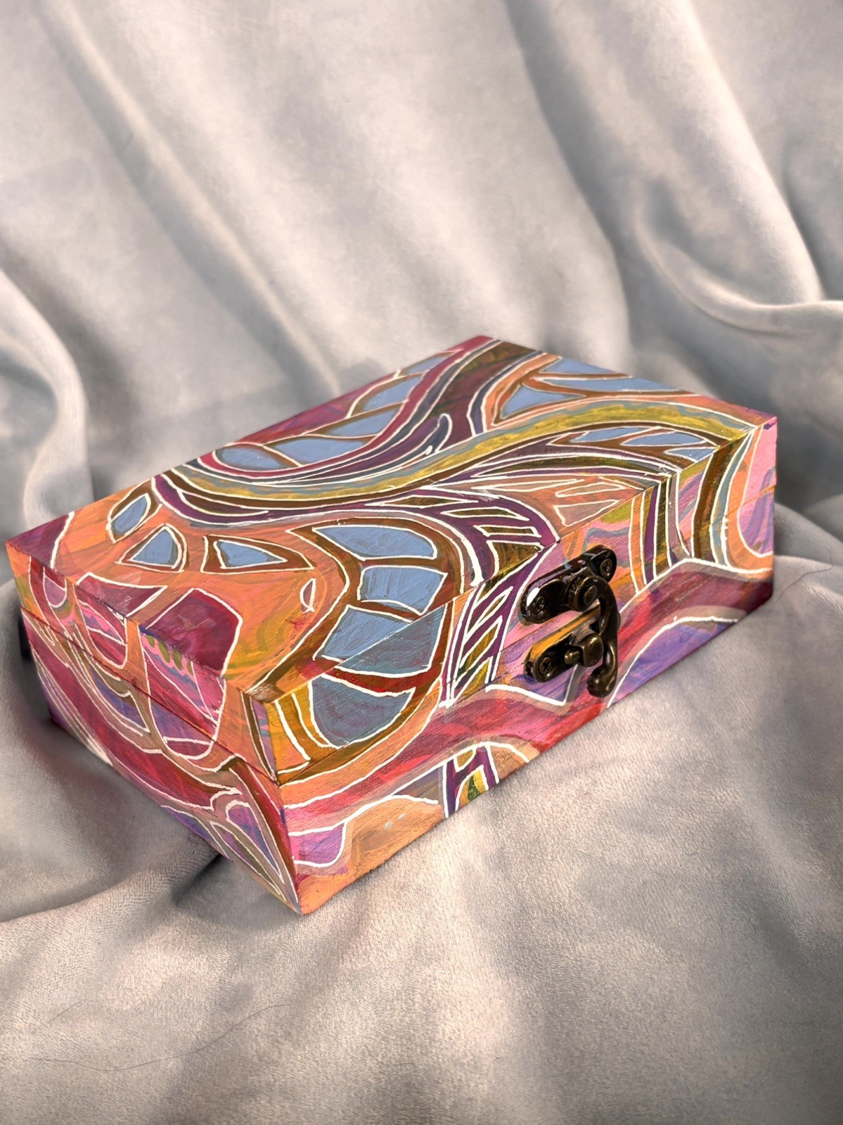 Hand-Painted Wooden Keepsake Box, Colorful Coral Design, Varnished Art Hand-Painted Wooden Keepsake Box, Colorful Coral Design, Varnished Art