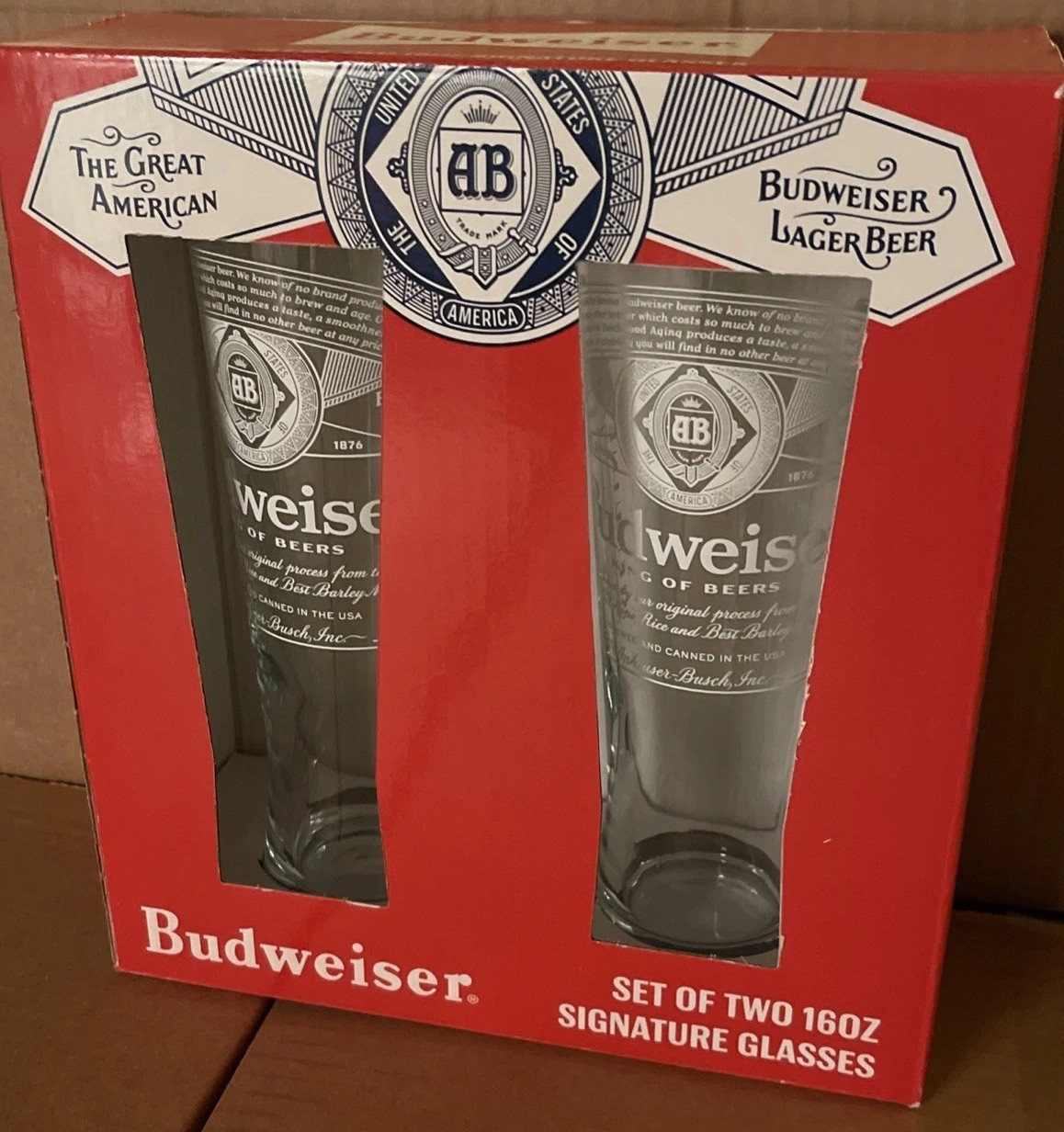 Anheuser-Busch Budweiser Set Of 16 oz Signature Glasses New Rare Beer Pint Bud Anheuser-Busch Budweiser Set Of 16 oz Signature Glasses New Rare Beer Pint Bud