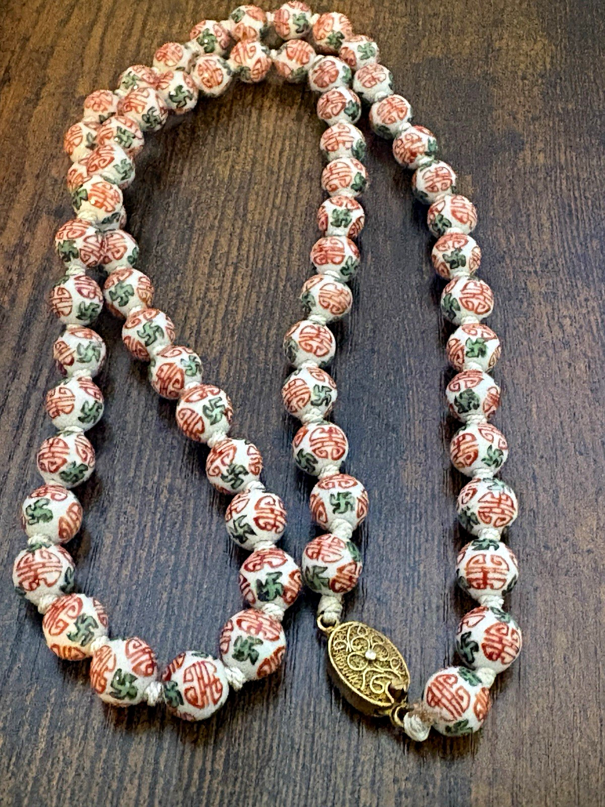 Vintage Chinese Export Porcelain Shou Longevity Bead Necklace 26” Hand Knotted Vintage Chinese Export Porcelain Shou Longevity Bead Necklace 26” Hand Knotted