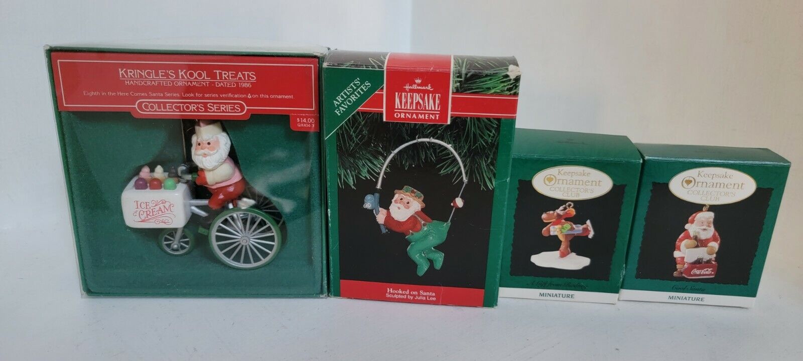 Lot of 4 Vintage Hallmark Ornaments - kringle Kool treats ,hooked on santa cool