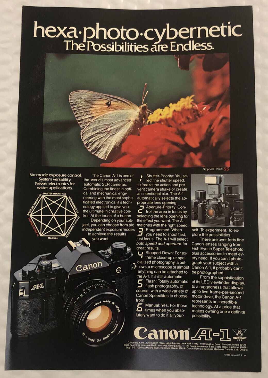 Vintage 1980 Canon A-1 Original Print Ad Full Page - Hexa Photo Cybernetic