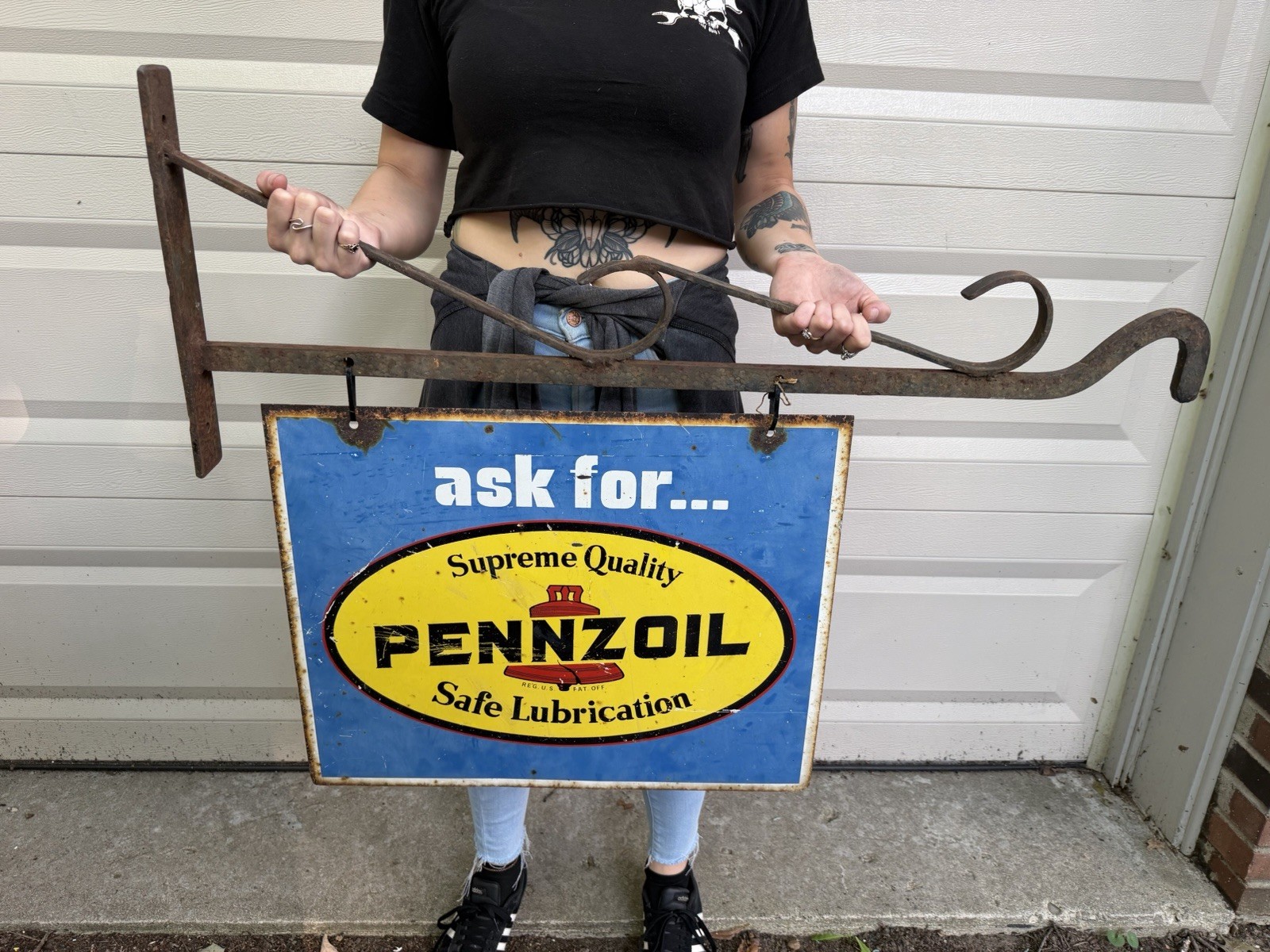 Vtg Pennzoil Ask For Double-Sided Metal Sign Gas OIL Cast Bracket Hanger Store Vtg Pennzoil Ask For Double-Sided Metal Sign Gas OIL Cast Bracket Hanger Store